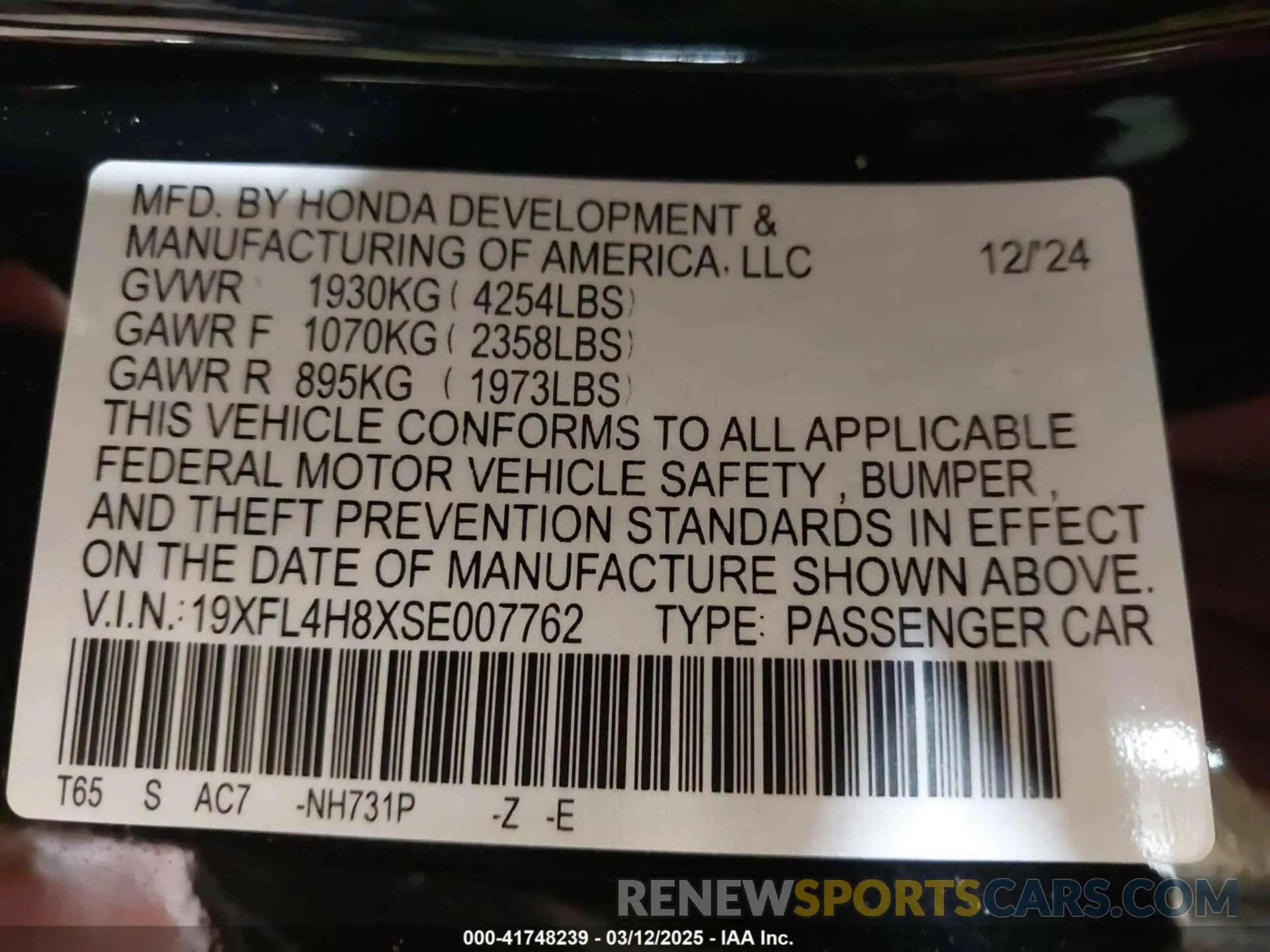 9 Photograph of a damaged car 19XFL4H8XSE007762 HONDA CIVIC  HYBRID 2025