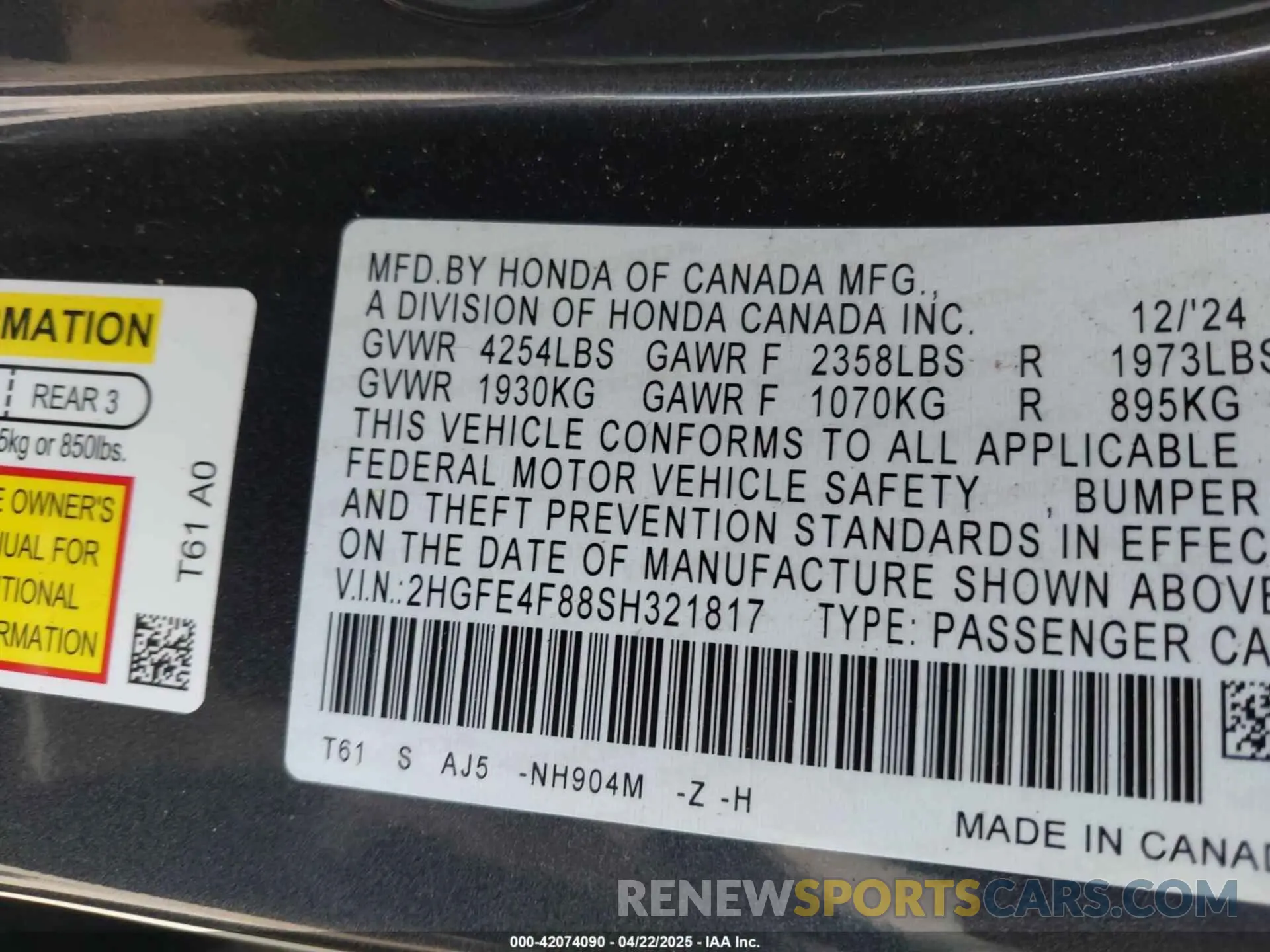 6 Фотография поврежденного автомобиля 2HGFE4F88SH321817 HONDA CIVIC  HYBRID 2025