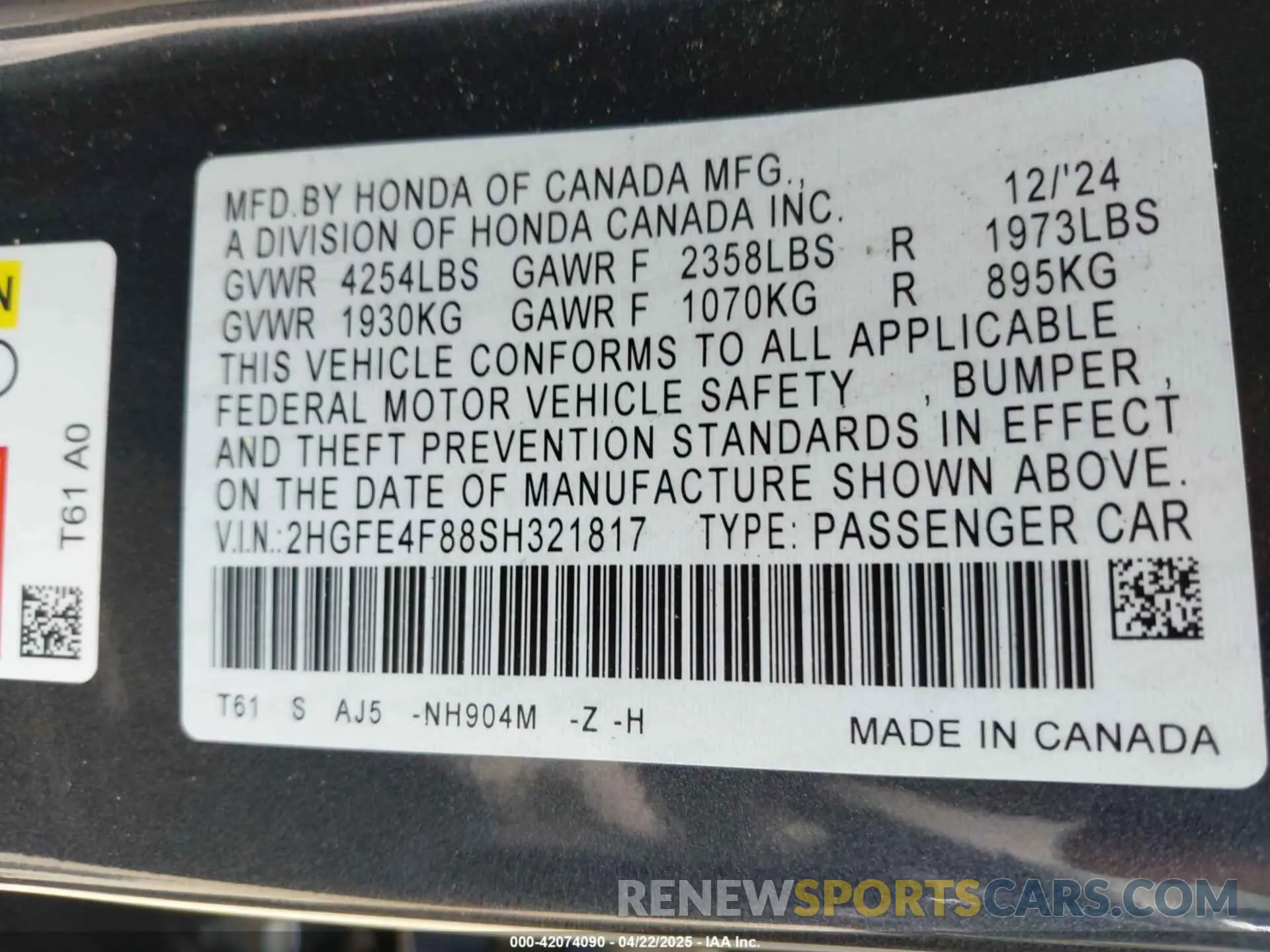 9 Фотография поврежденного автомобиля 2HGFE4F88SH321817 HONDA CIVIC  HYBRID 2025
