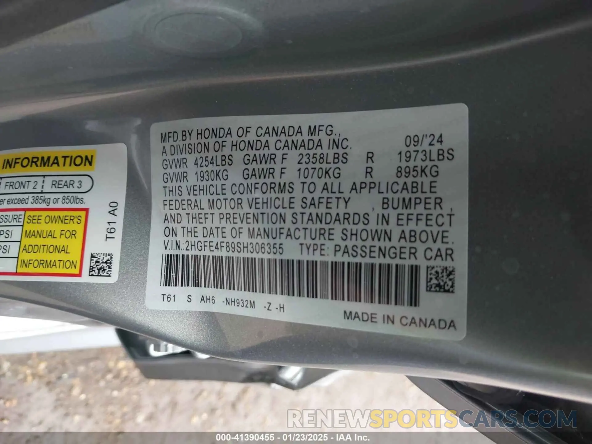 9 Фотография поврежденного автомобиля 2HGFE4F89SH306355 HONDA CIVIC  HYBRID 2025