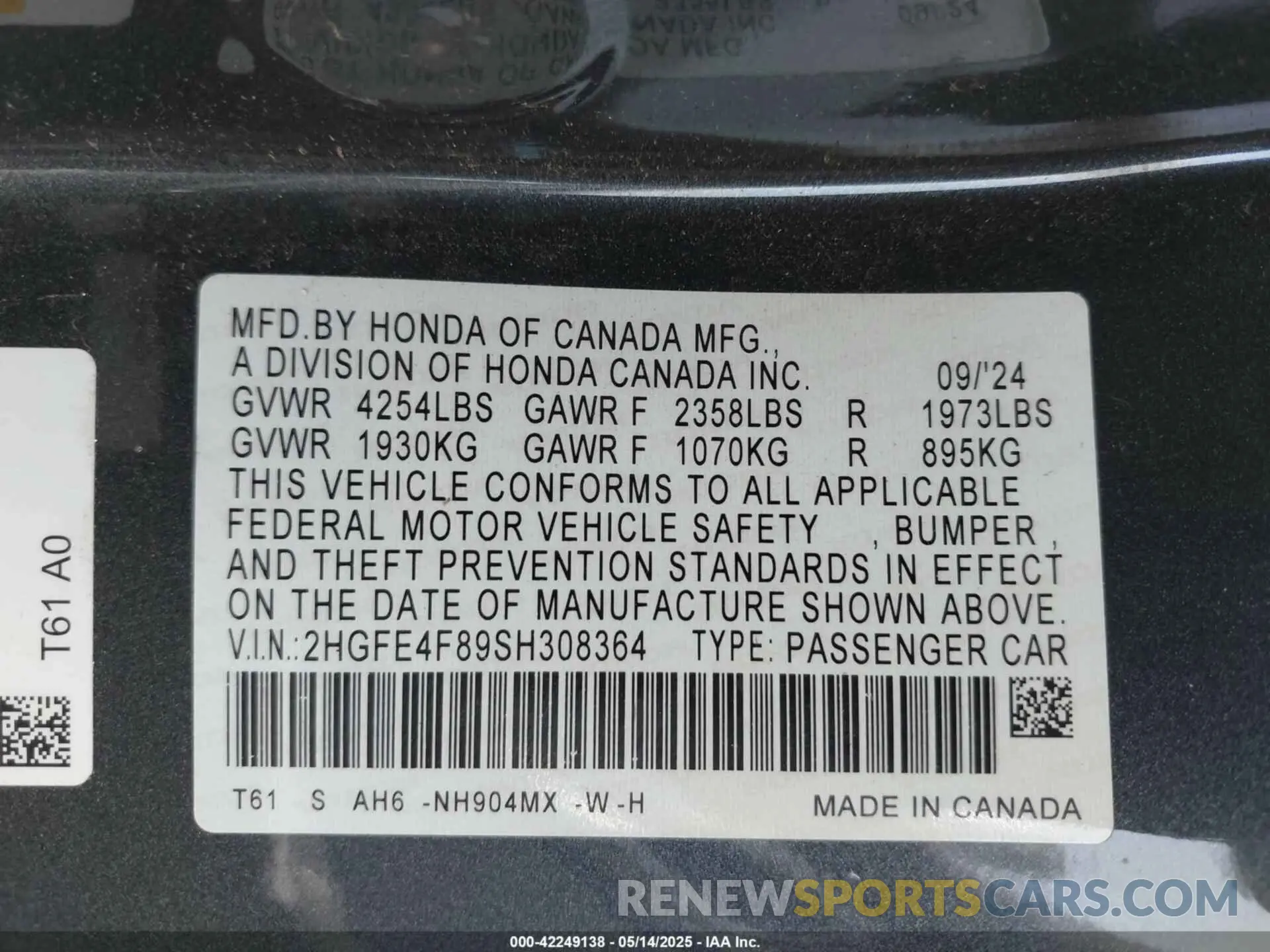 9 Photograph of a damaged car 2HGFE4F89SH308364 HONDA CIVIC  HYBRID 2025