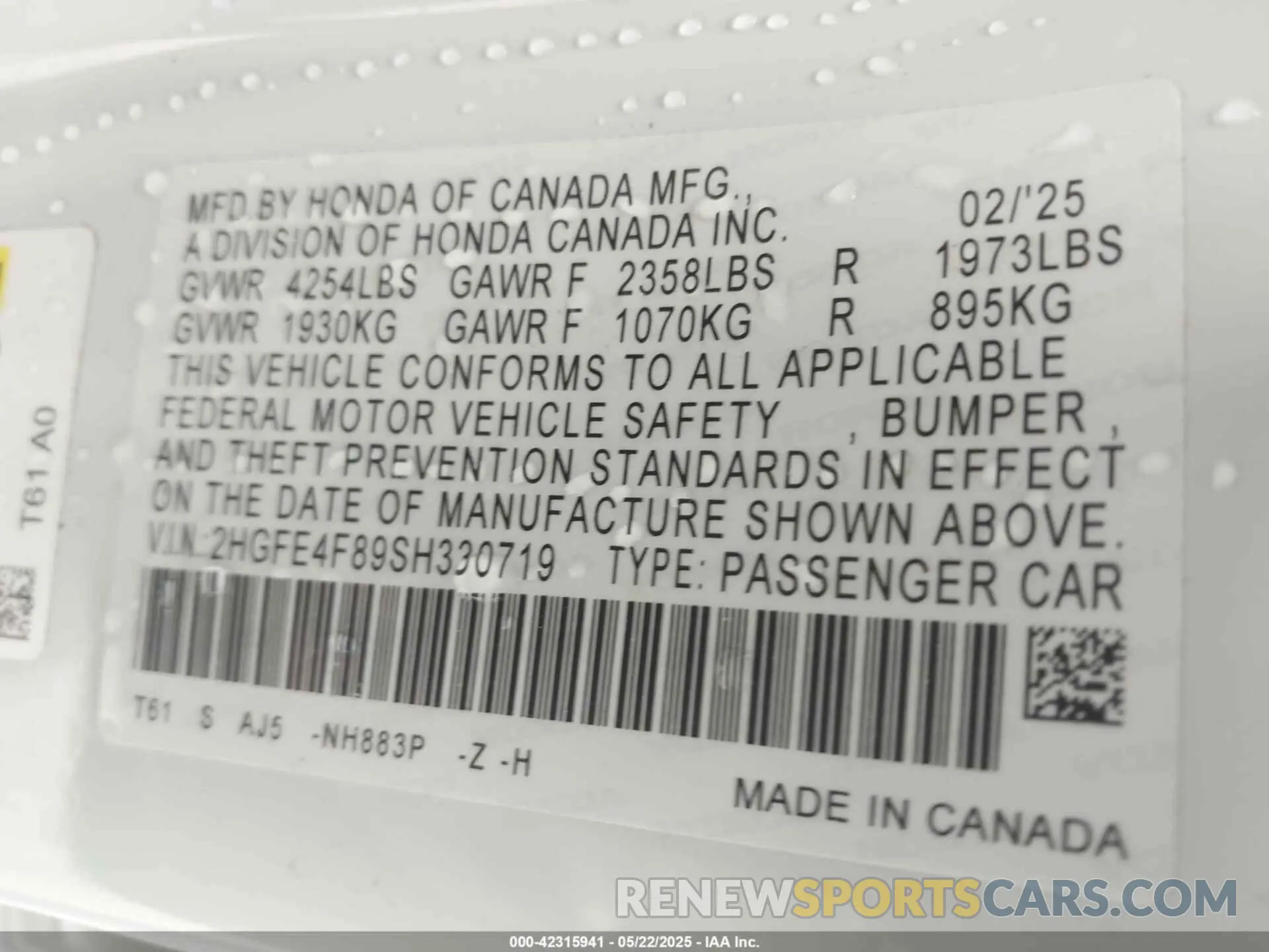9 Photograph of a damaged car 2HGFE4F89SH330719 HONDA CIVIC HYBRID 2025