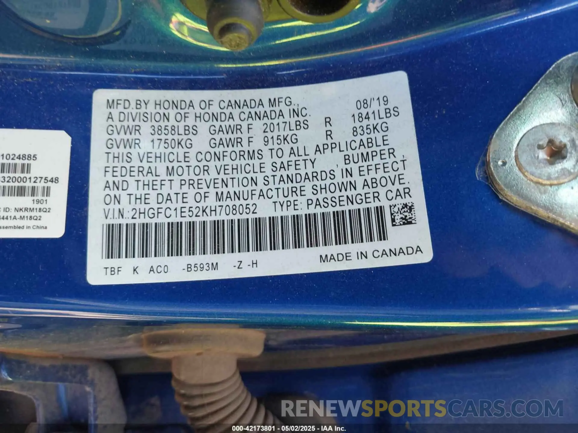 9 Photograph of a damaged car 2HGFC1E52KH708052 HONDA CIVIC SI 2019
