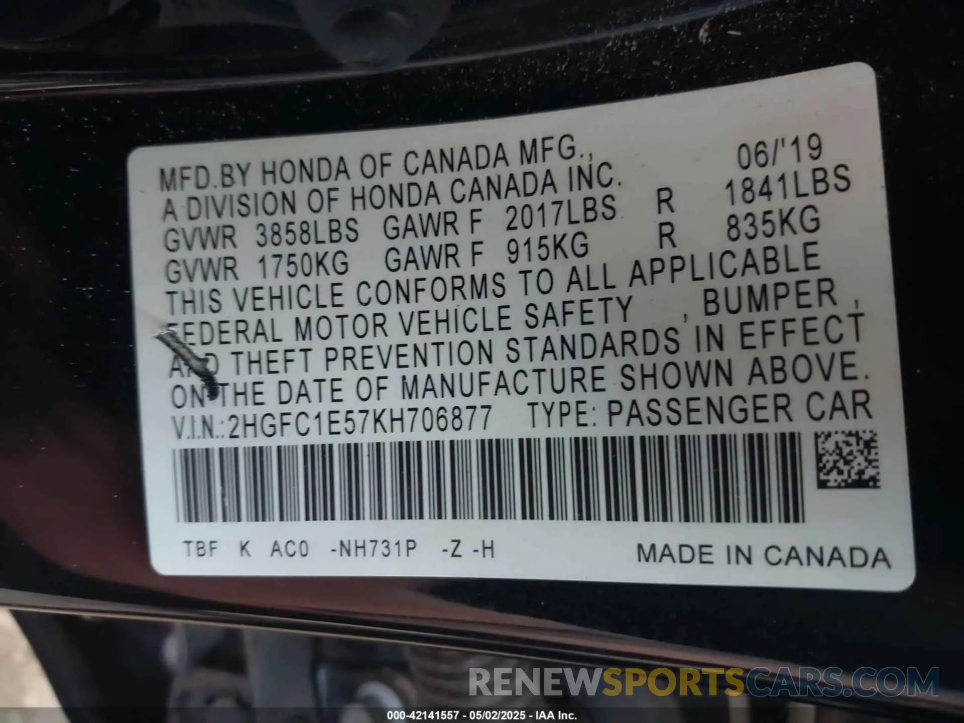 9 Photograph of a damaged car 2HGFC1E57KH706877 HONDA CIVIC SI 2019