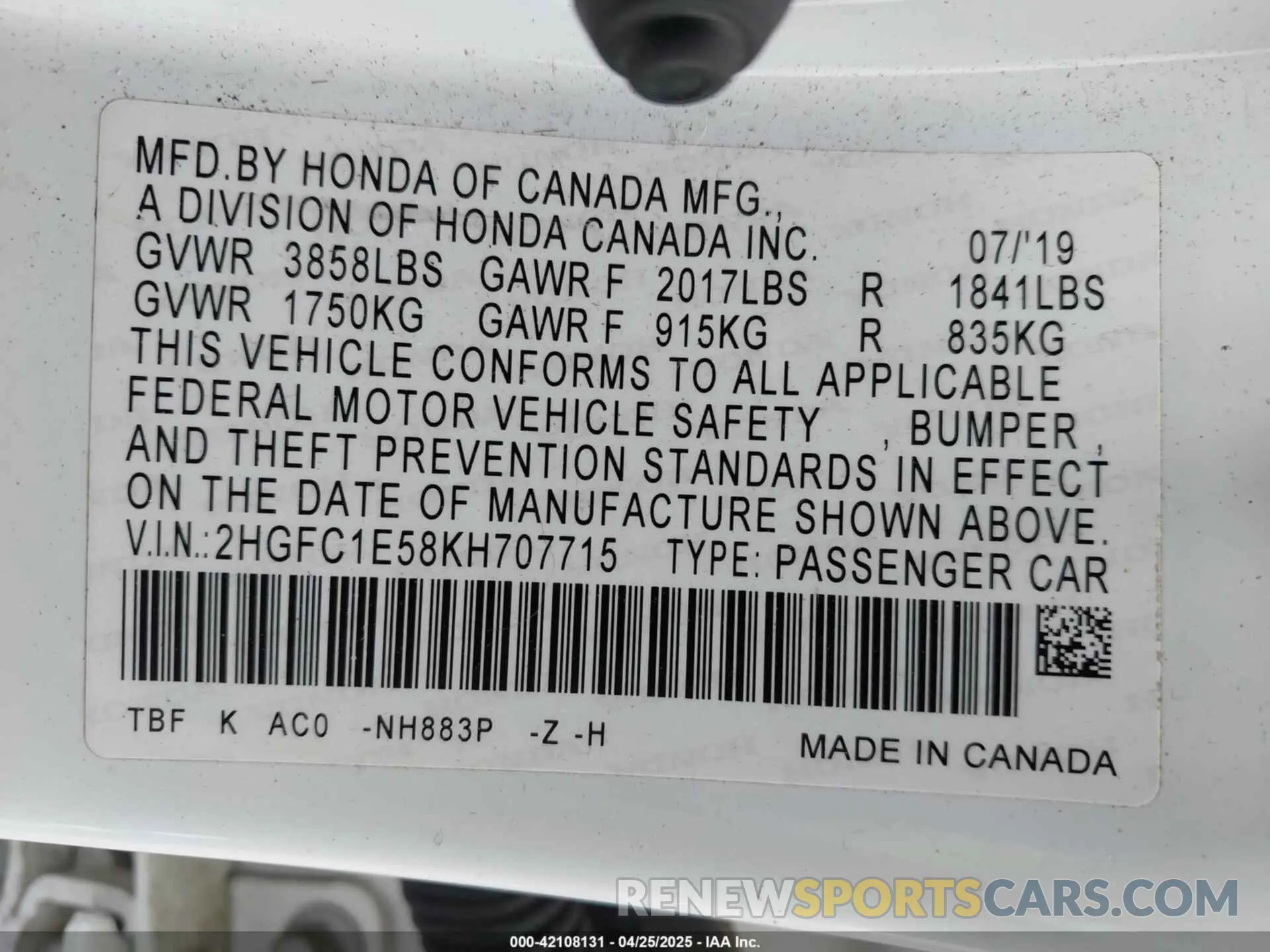 9 Photograph of a damaged car 2HGFC1E58KH707715 HONDA CIVIC SI 2019