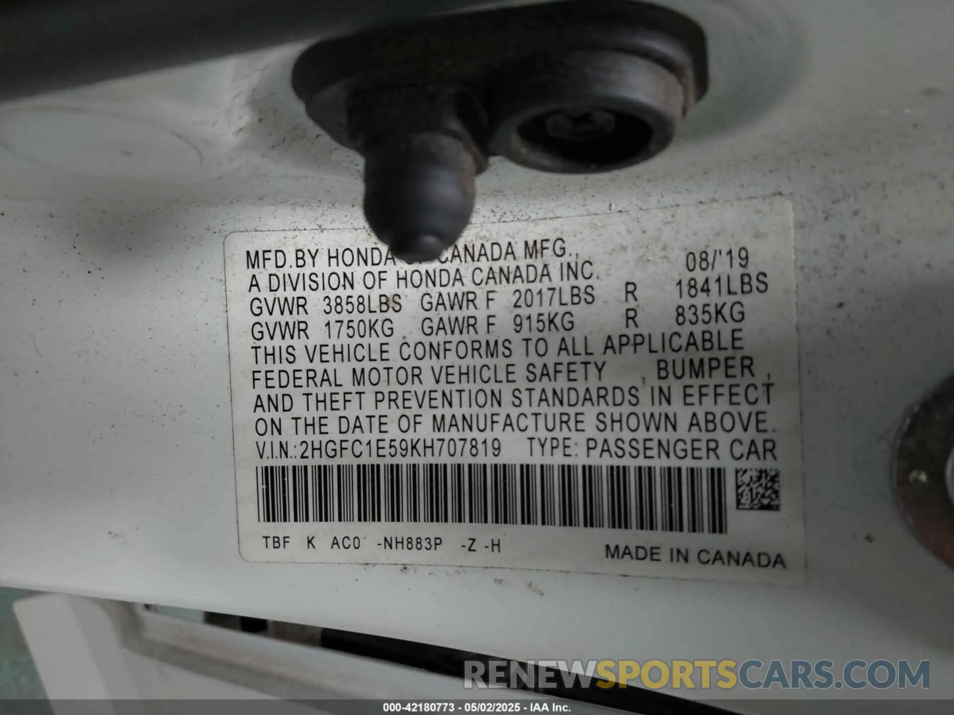 9 Photograph of a damaged car 2HGFC1E59KH707819 HONDA CIVIC SI 2019