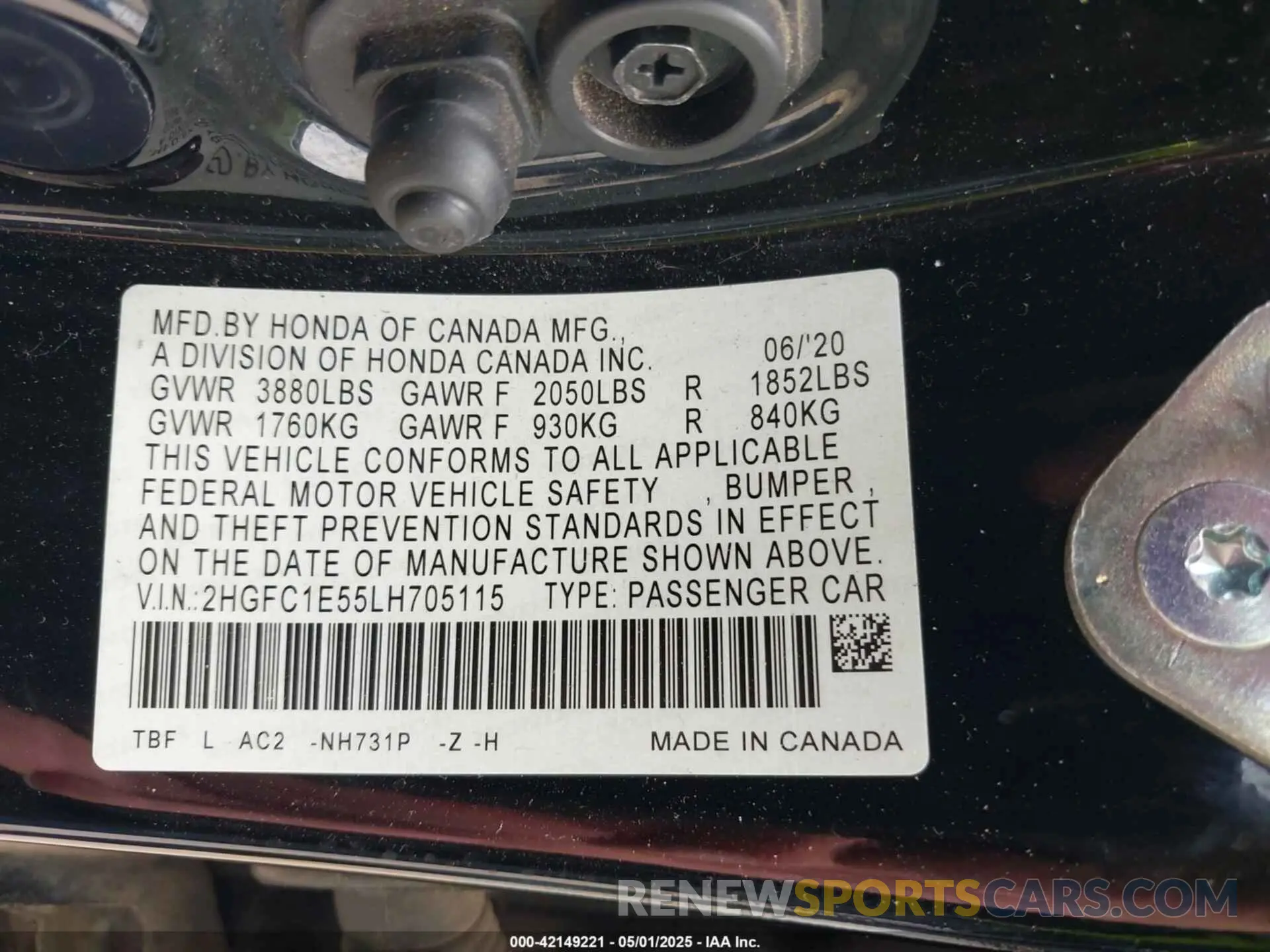 9 Photograph of a damaged car 2HGFC1E55LH705115 HONDA CIVIC SI 2020