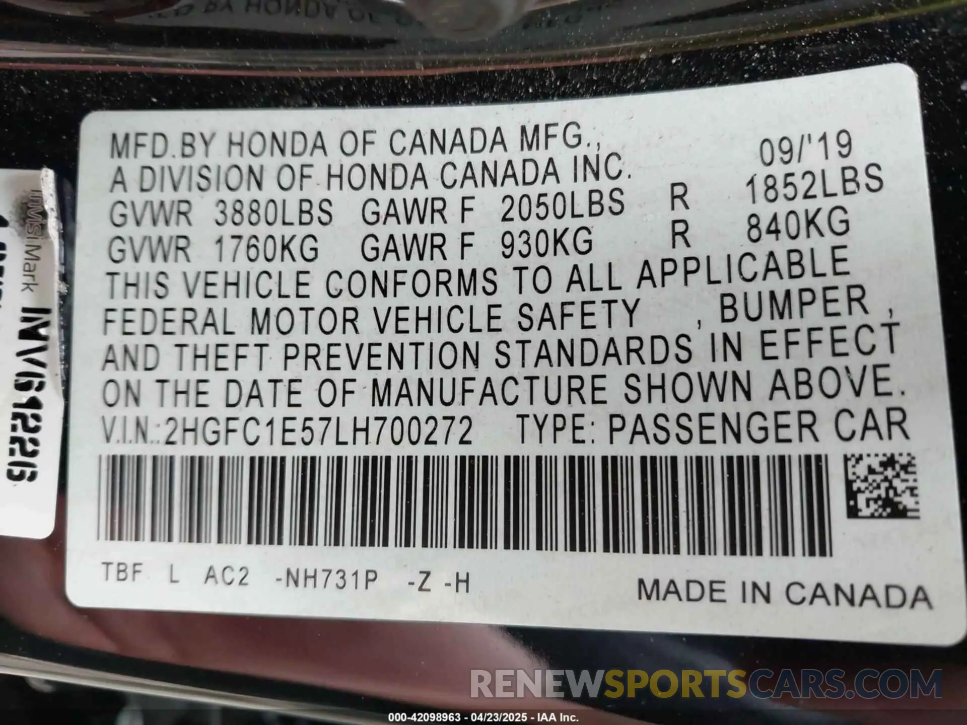 9 Photograph of a damaged car 2HGFC1E57LH700272 HONDA CIVIC SI 2020