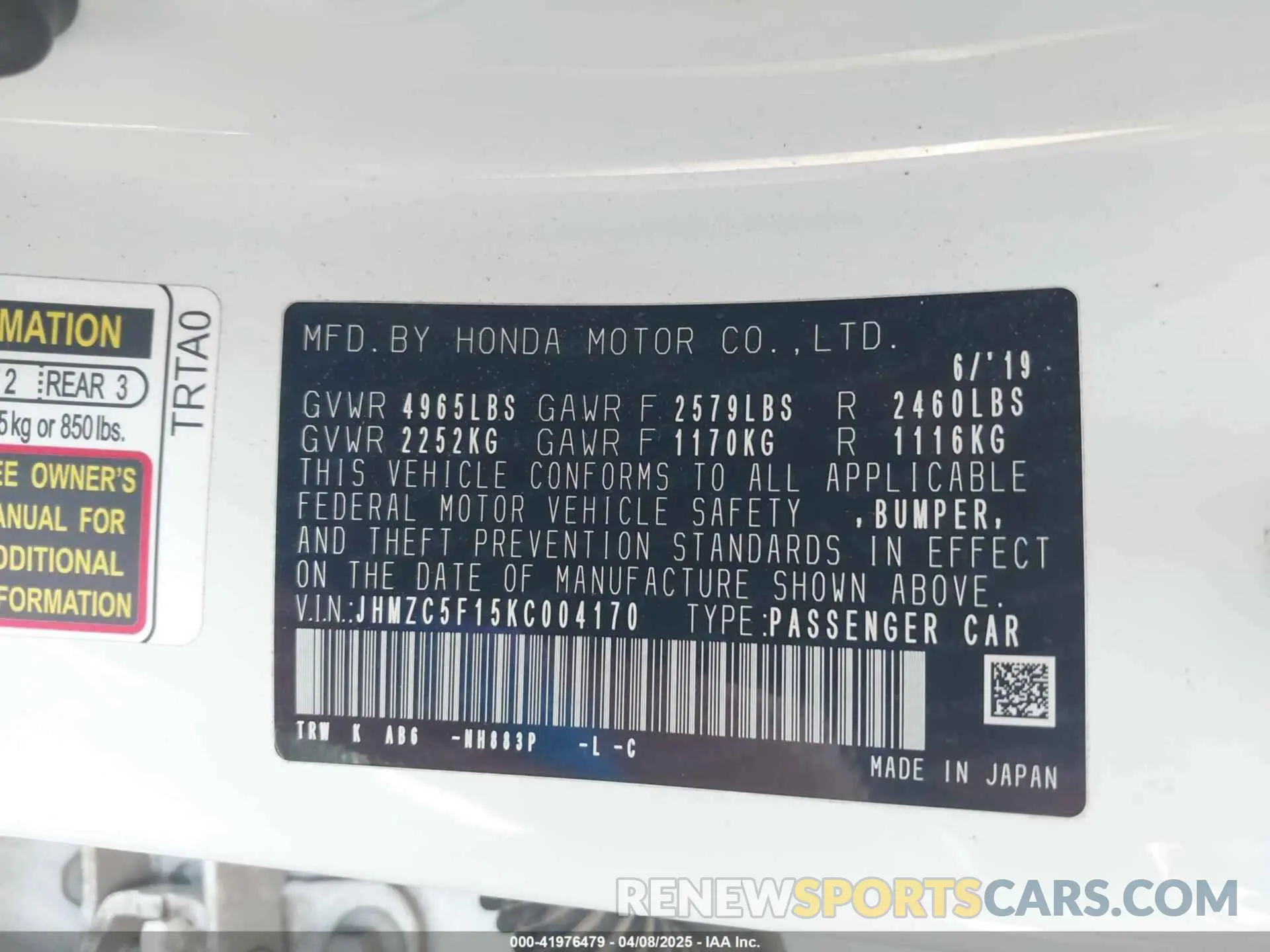 9 Photograph of a damaged car JHMZC5F15KC004170 HONDA CLARITY PLUG-IN HYBRID 2019