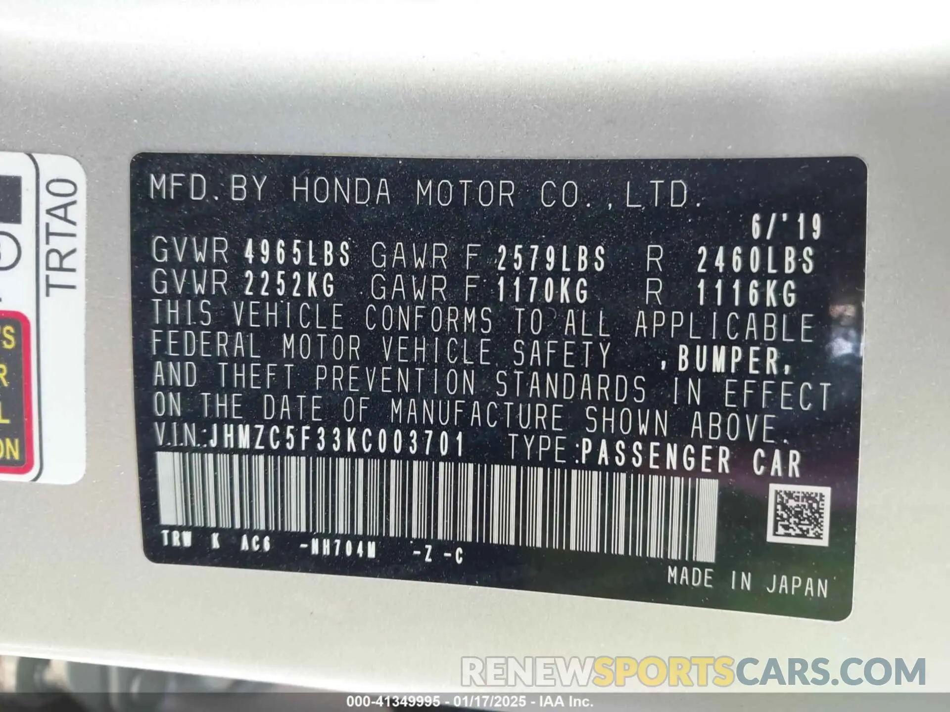9 Фотография поврежденного автомобиля JHMZC5F33KC003701 HONDA CLARITY PLUG-IN HYBRID 2019