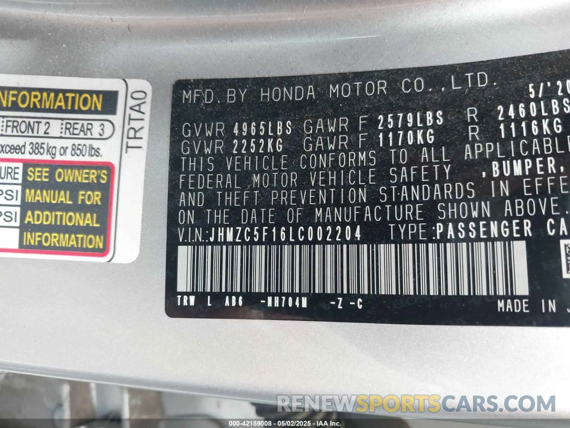 9 Photograph of a damaged car JHMZC5F16LC002204 HONDA CLARITY PLUG-IN HYBRID 2020