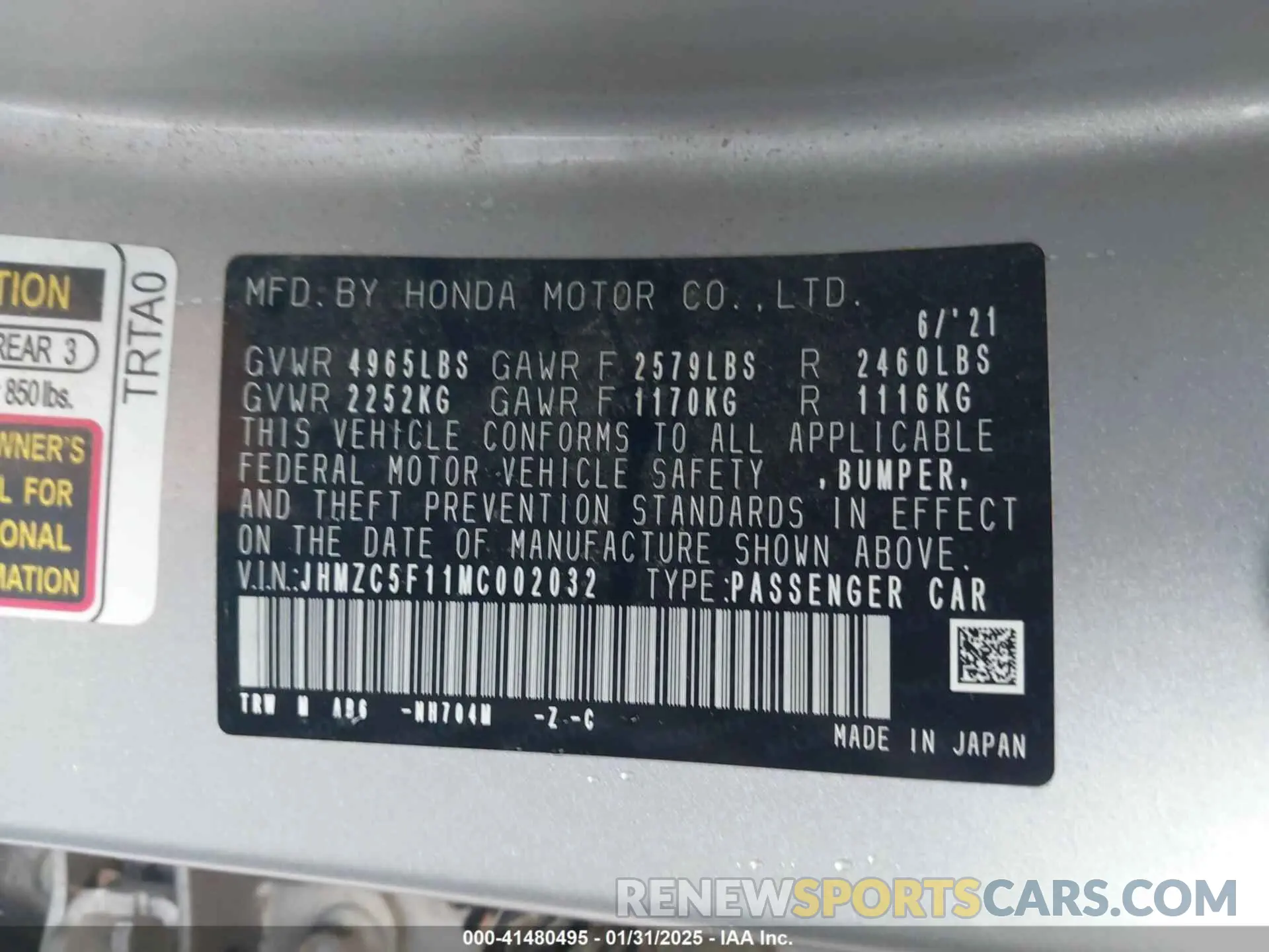9 Фотография поврежденного автомобиля JHMZC5F11MC002032 HONDA CLARITY PLUG-IN HYBRID 2021