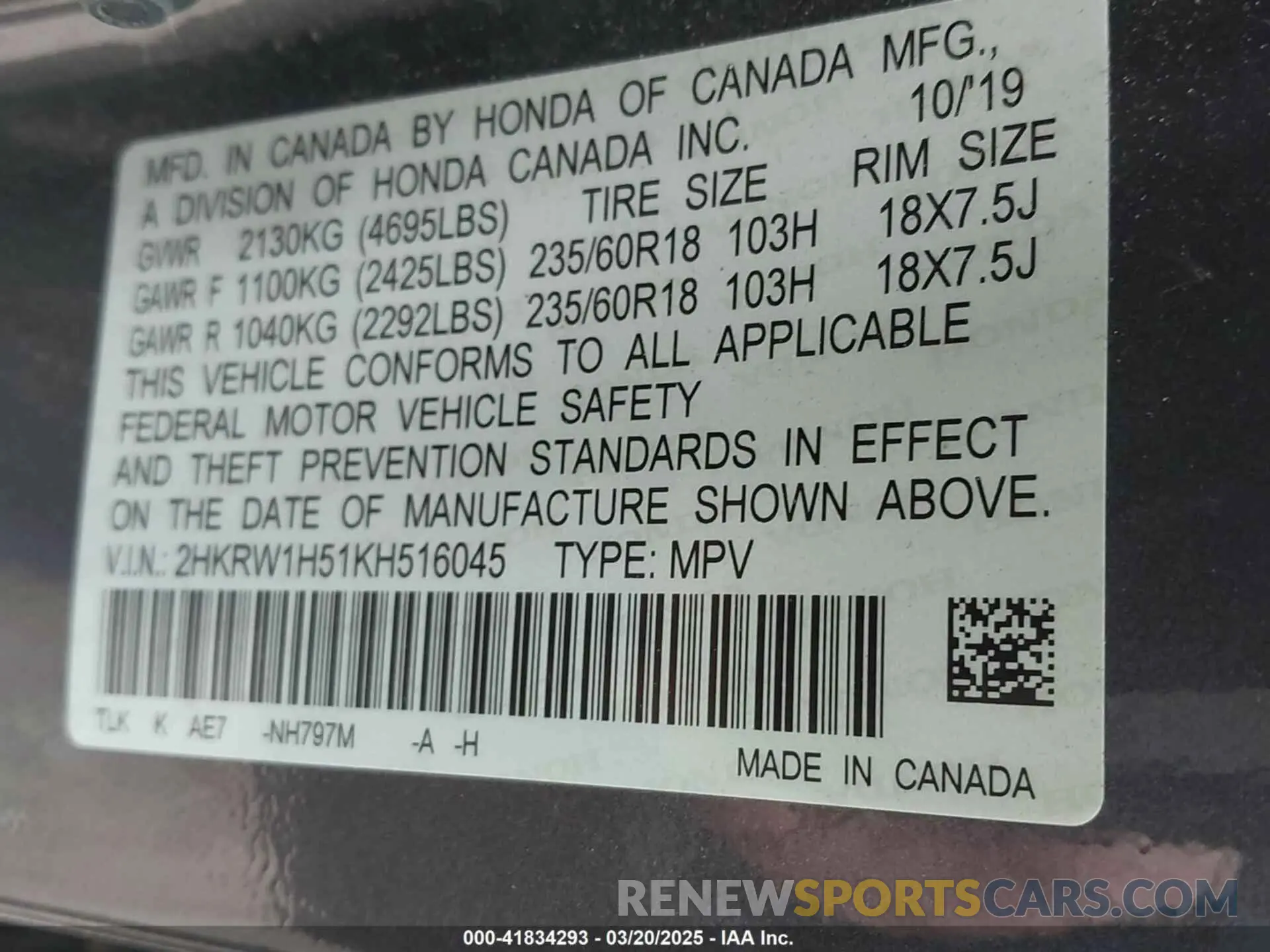 9 Photograph of a damaged car 2HKRW1H51KH516045 HONDA CR-V 2019
