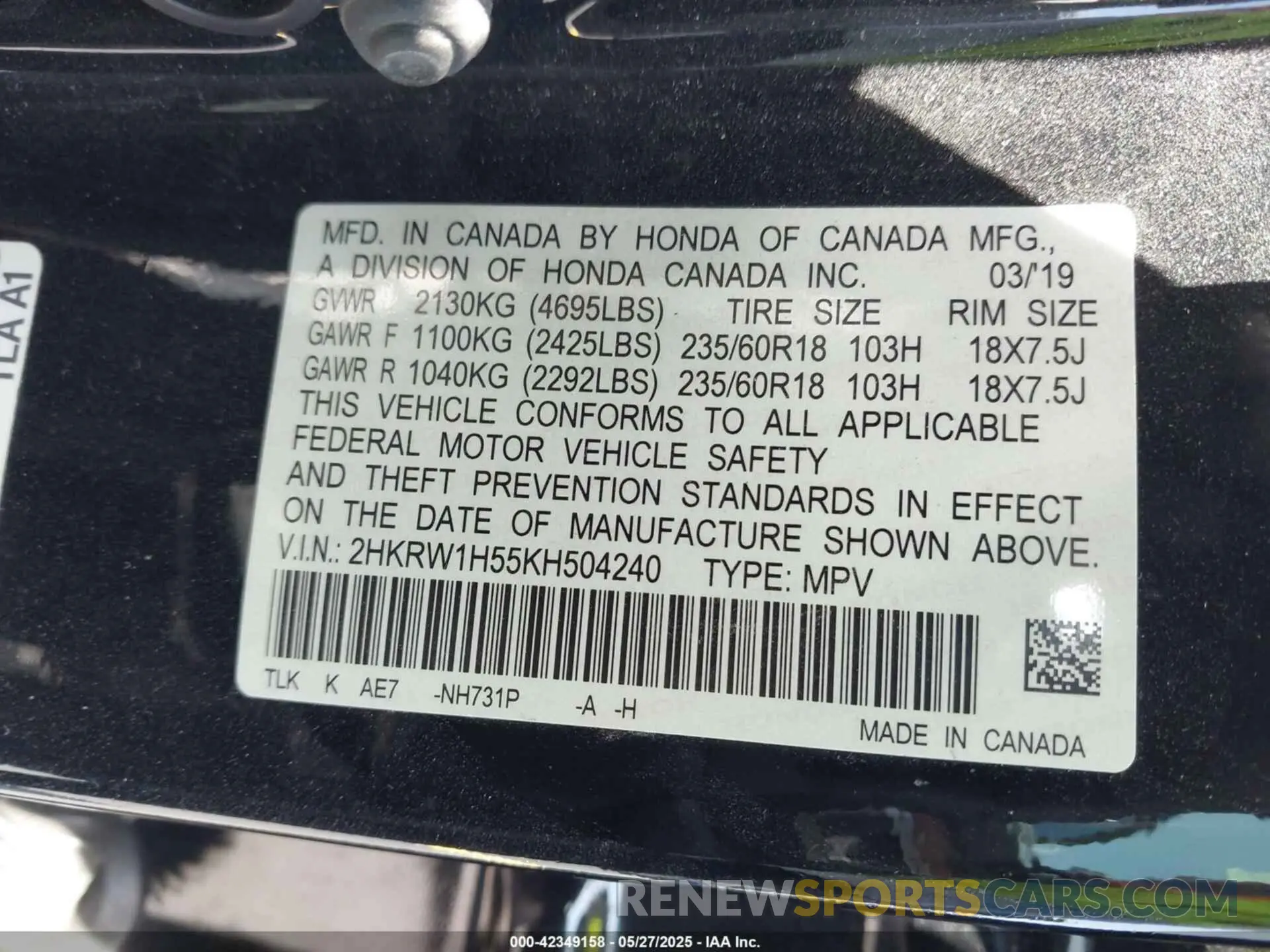 9 Photograph of a damaged car 2HKRW1H55KH504240 HONDA CR-V 2019