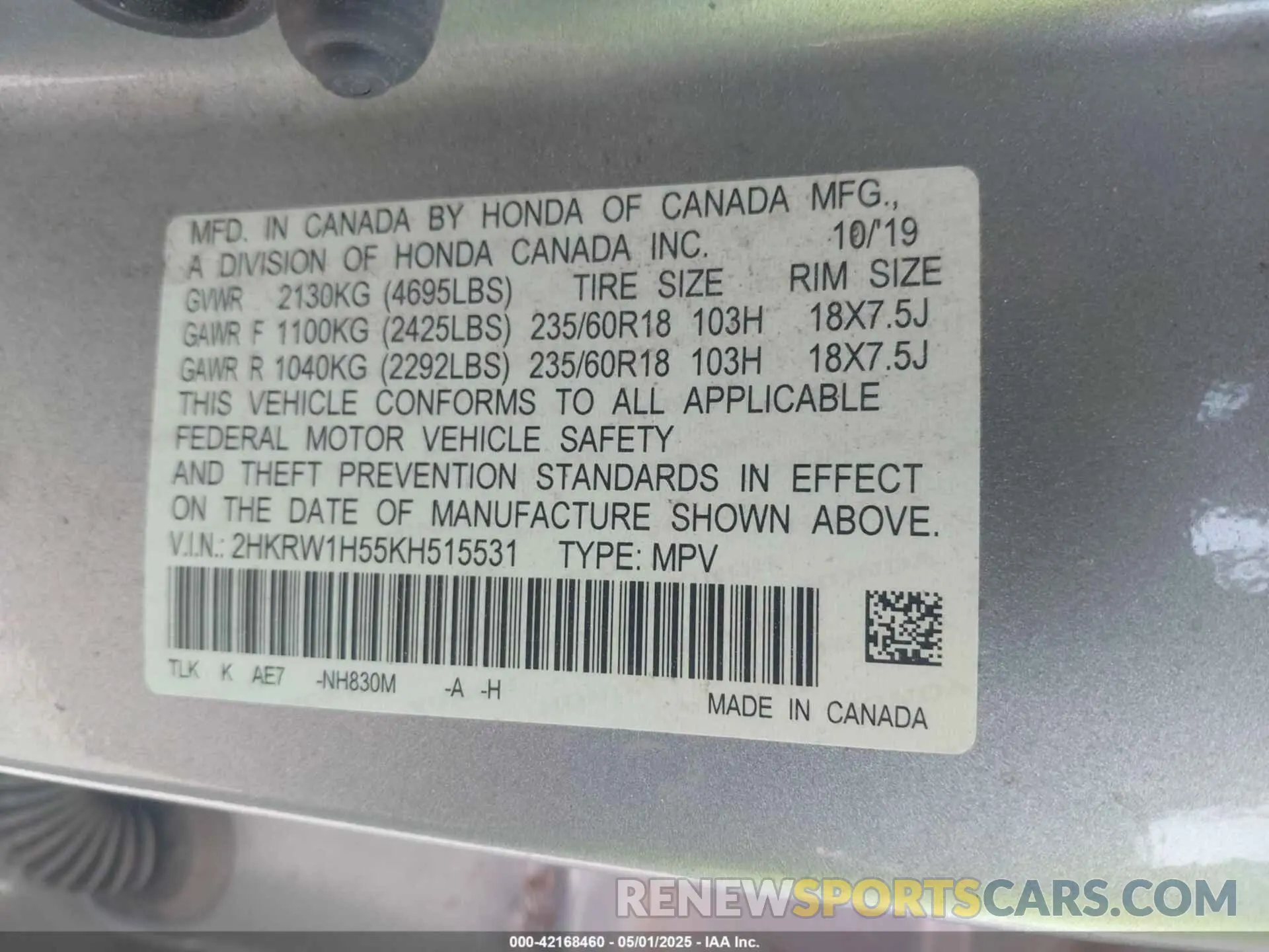 9 Photograph of a damaged car 2HKRW1H55KH515531 HONDA CR-V 2019