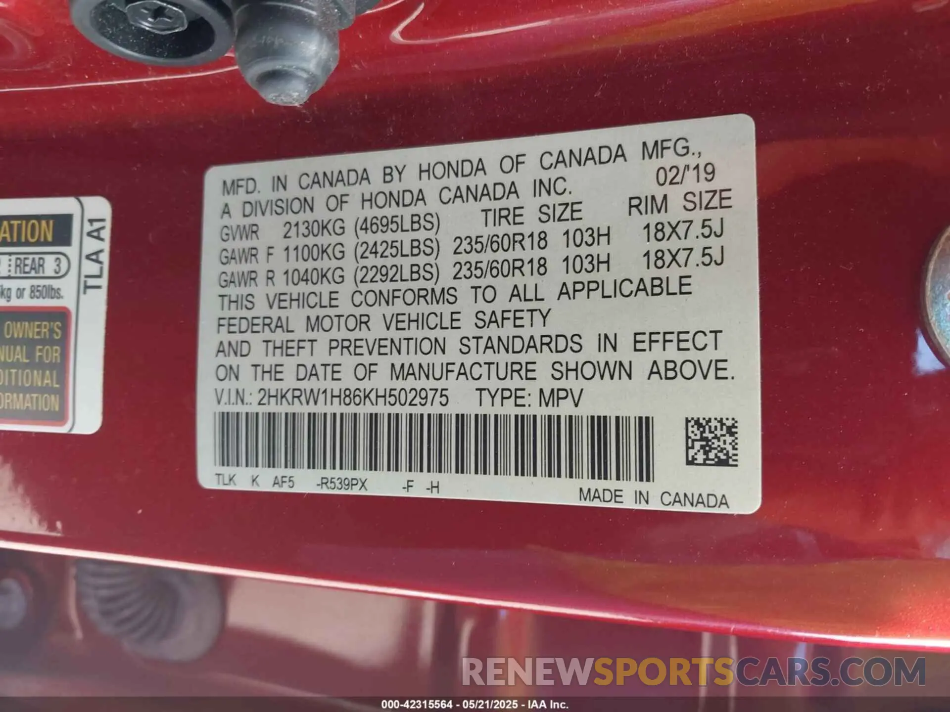 9 Photograph of a damaged car 2HKRW1H86KH502975 HONDA CR-V 2019