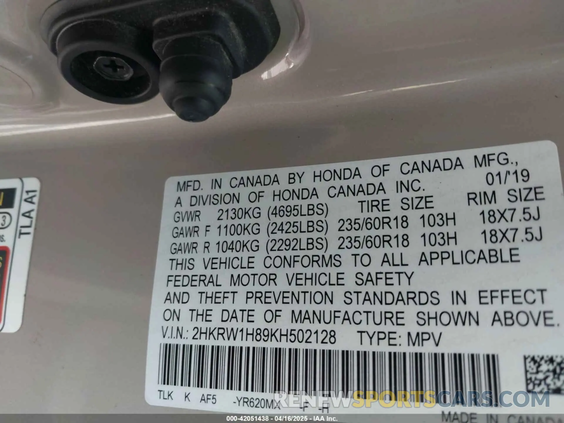 9 Фотография поврежденного автомобиля 2HKRW1H89KH502128 HONDA CR-V 2019