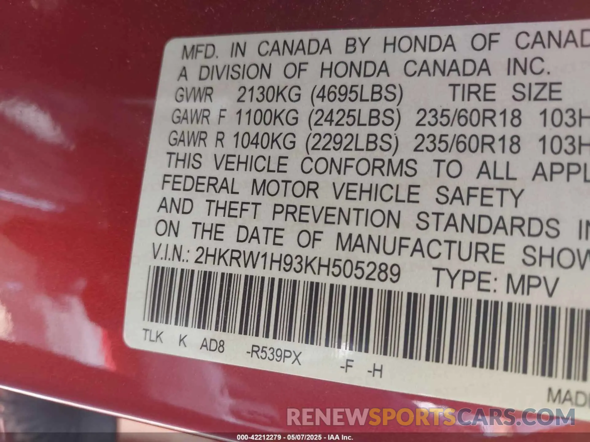 9 Photograph of a damaged car 2HKRW1H93KH505289 HONDA CR-V 2019
