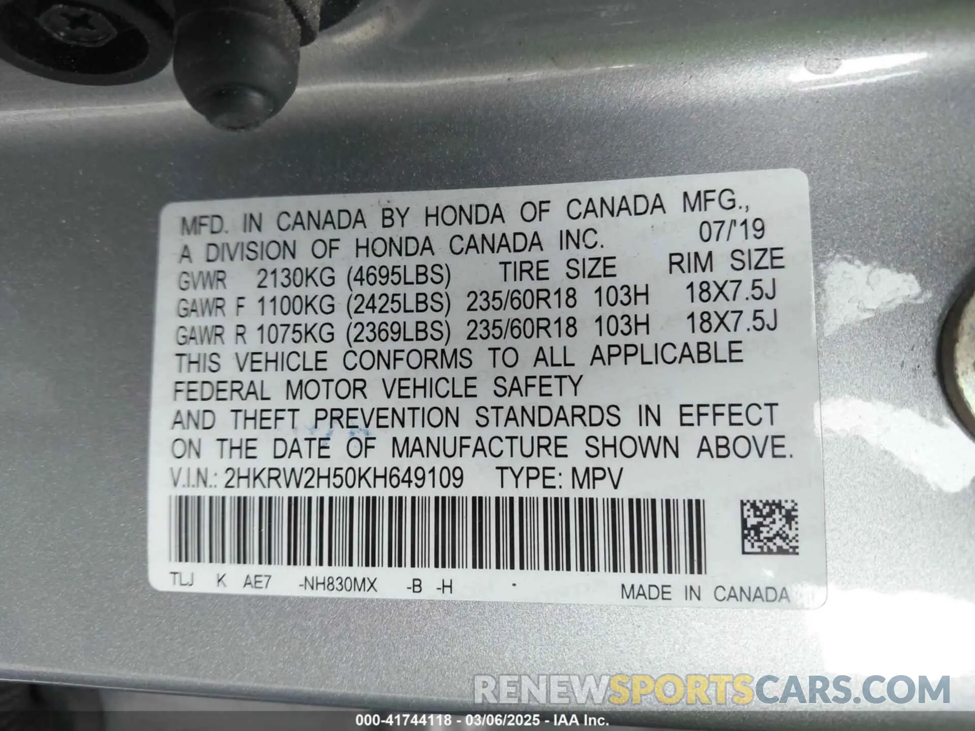 9 Фотография поврежденного автомобиля 2HKRW2H50KH649109 HONDA CR-V 2019