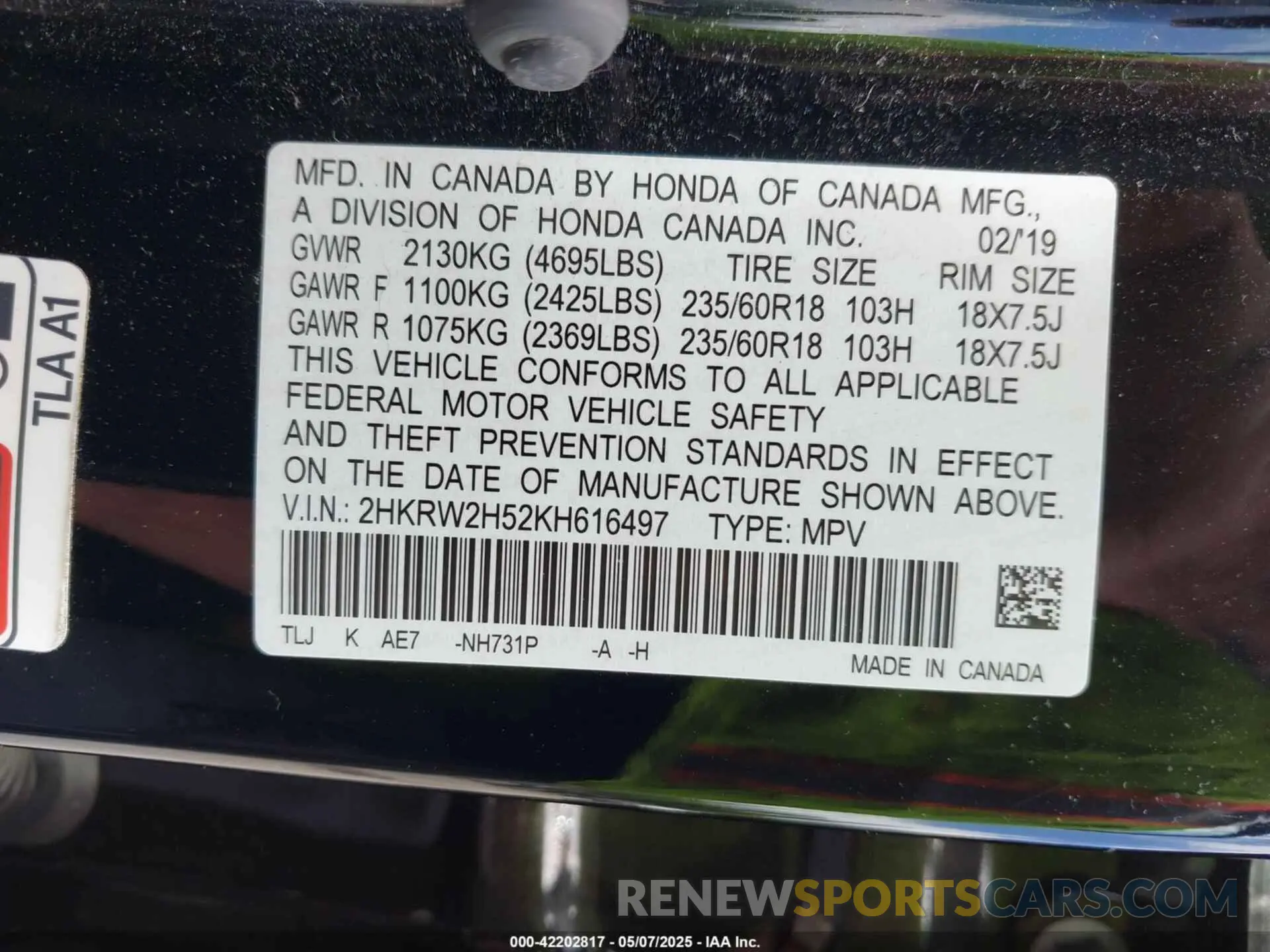 9 Photograph of a damaged car 2HKRW2H52KH616497 HONDA CR-V 2019