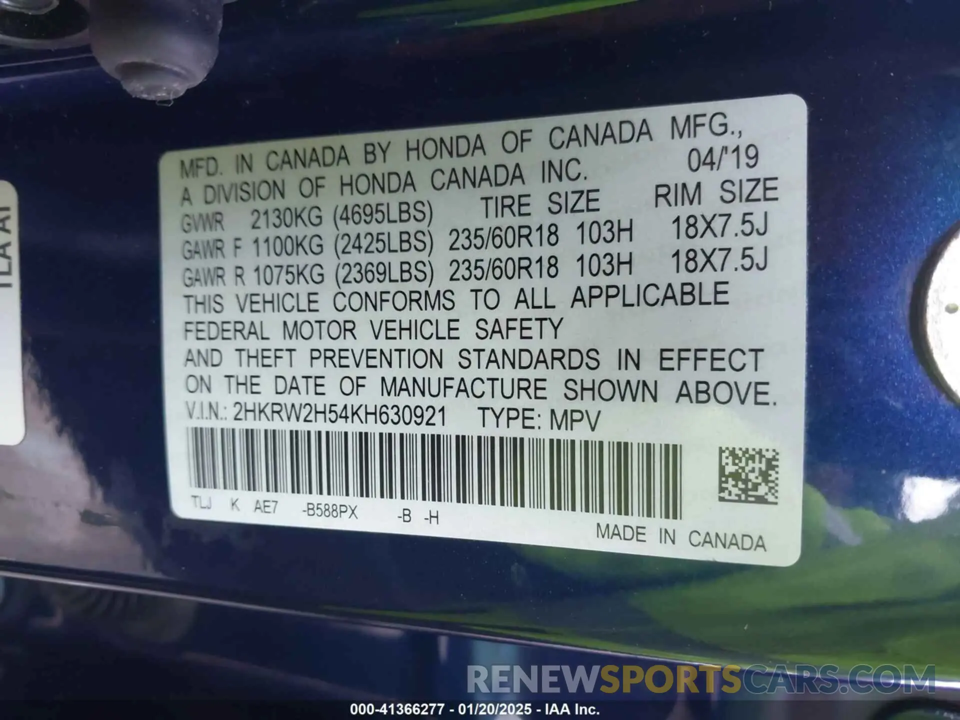 9 Photograph of a damaged car 2HKRW2H54KH630921 HONDA CR-V 2019