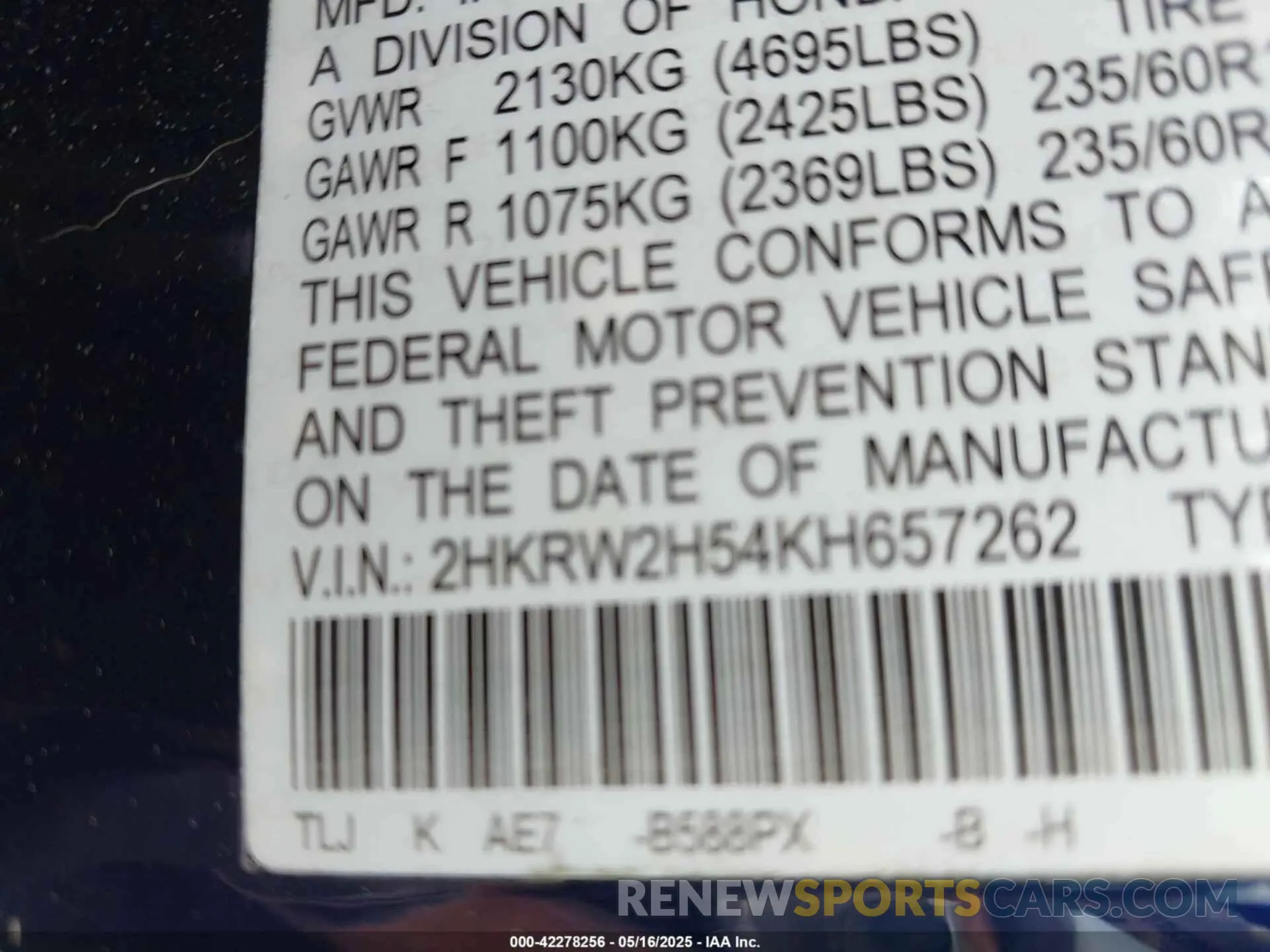 9 Фотография поврежденного автомобиля 2HKRW2H54KH657262 HONDA CR-V 2019