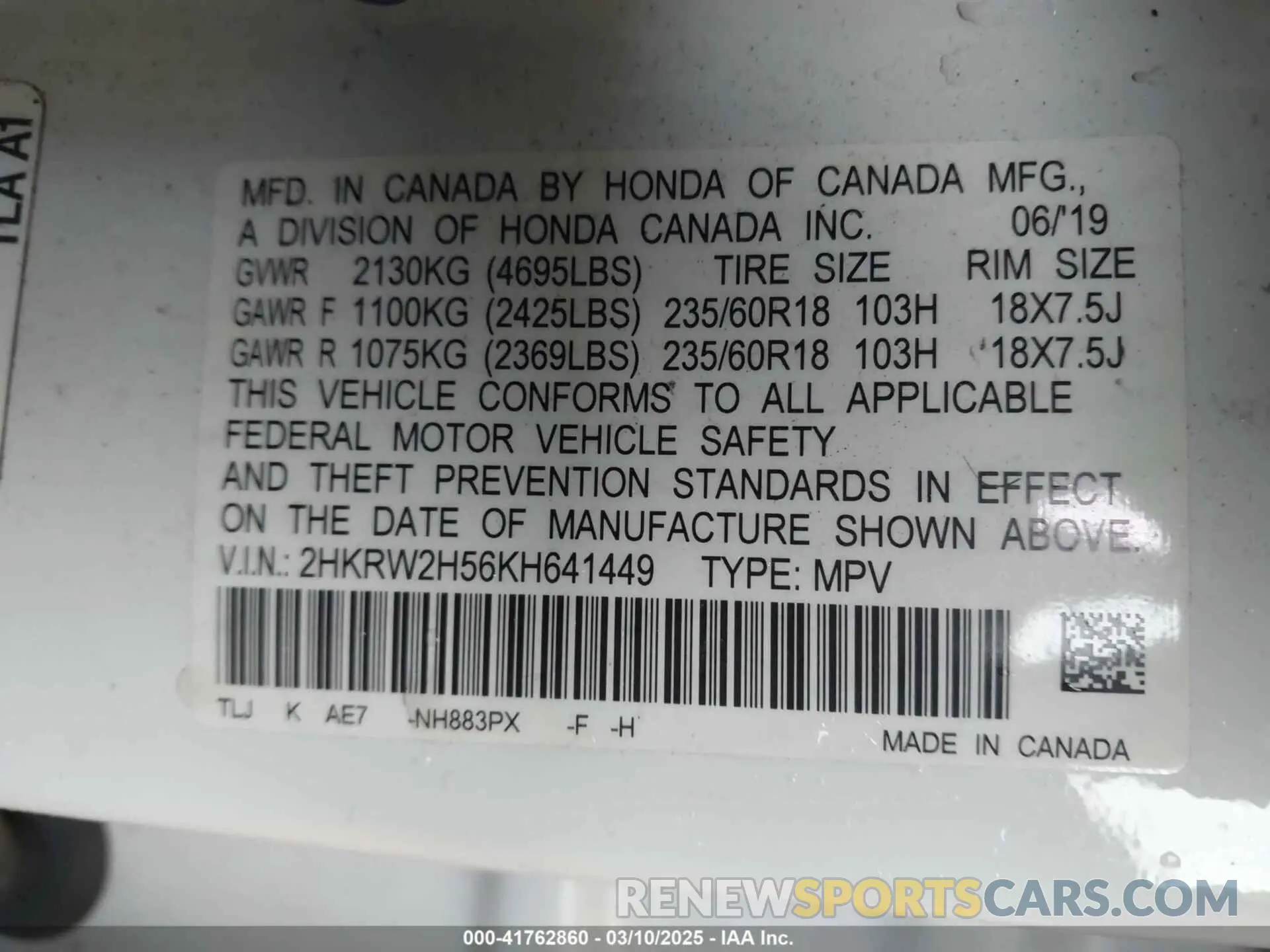 9 Фотография поврежденного автомобиля 2HKRW2H56KH641449 HONDA CR-V 2019