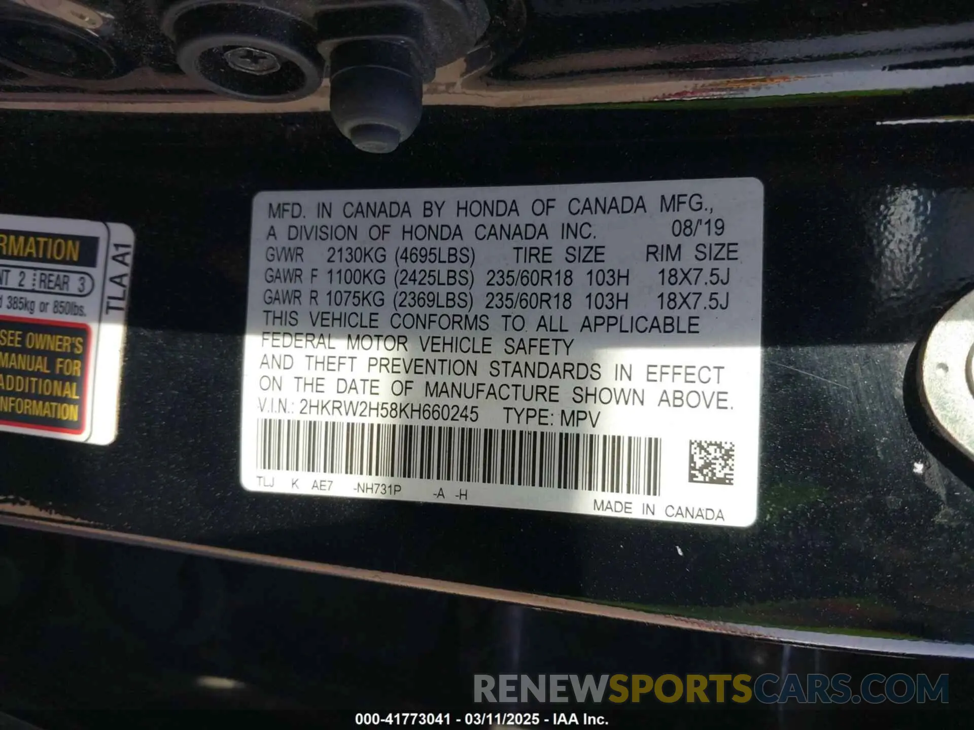 9 Фотография поврежденного автомобиля 2HKRW2H58KH660245 HONDA CR-V 2019
