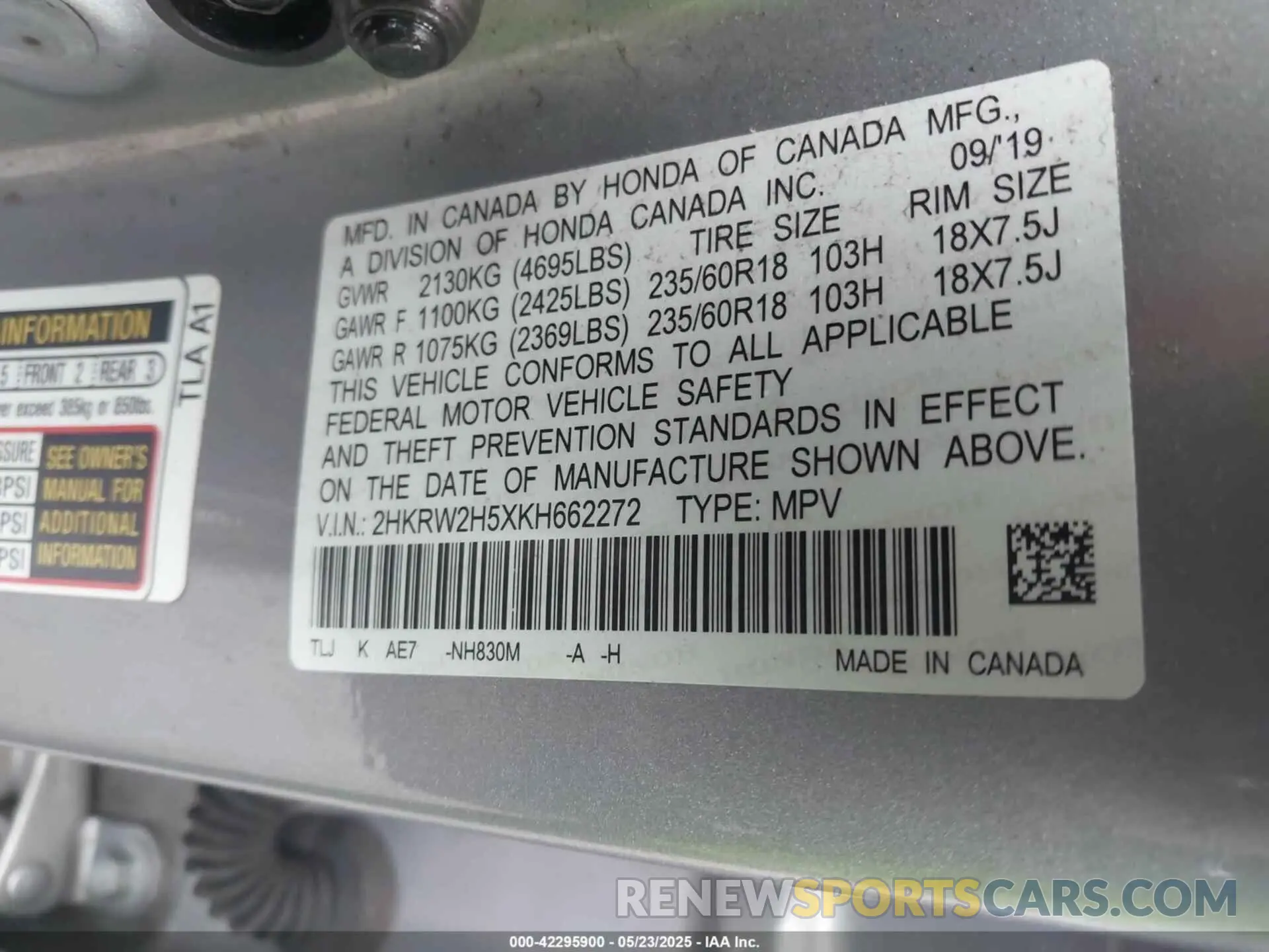 9 Фотография поврежденного автомобиля 2HKRW2H5XKH662272 HONDA CR-V 2019