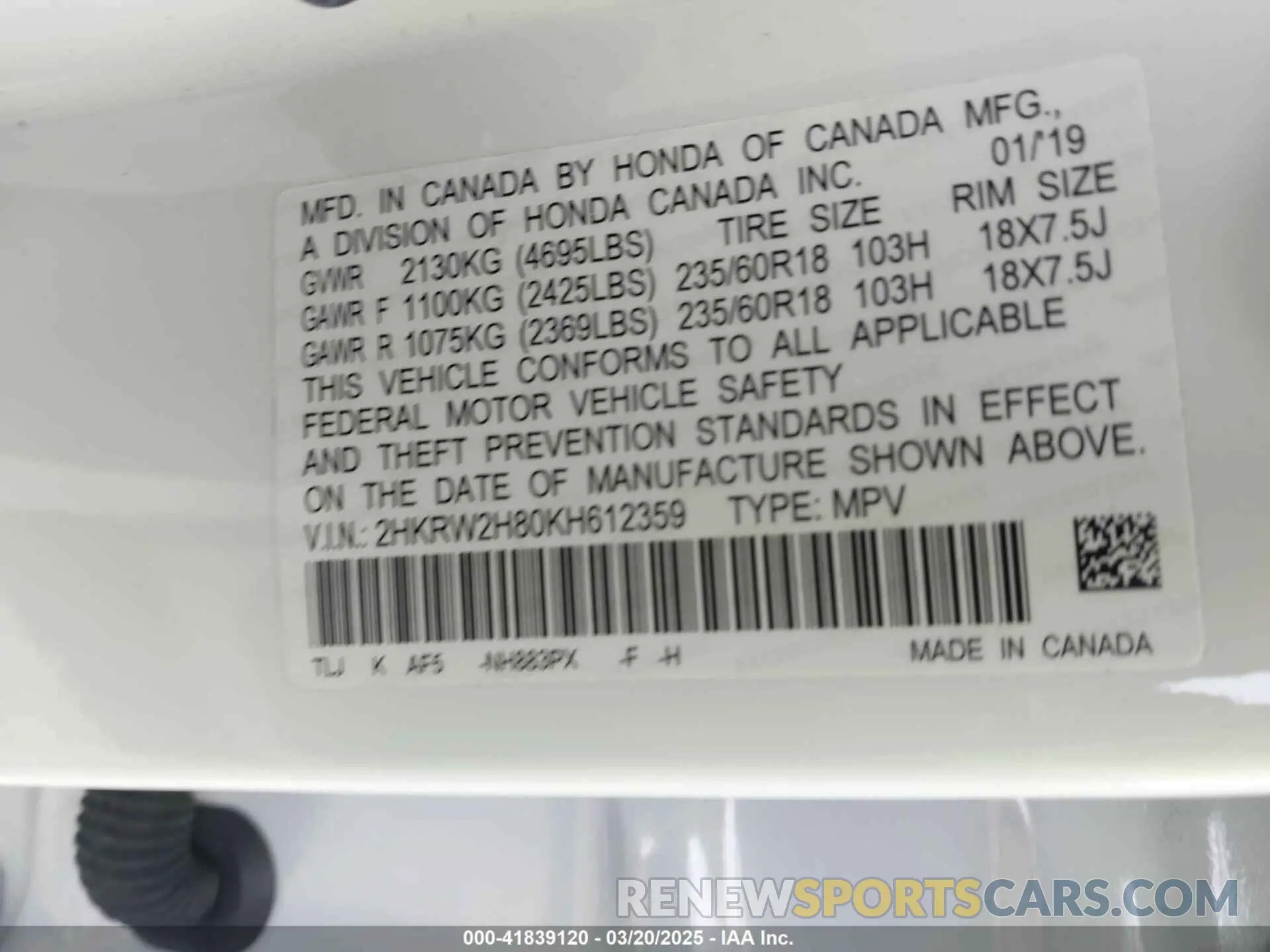 9 Photograph of a damaged car 2HKRW2H80KH612359 HONDA CR-V 2019