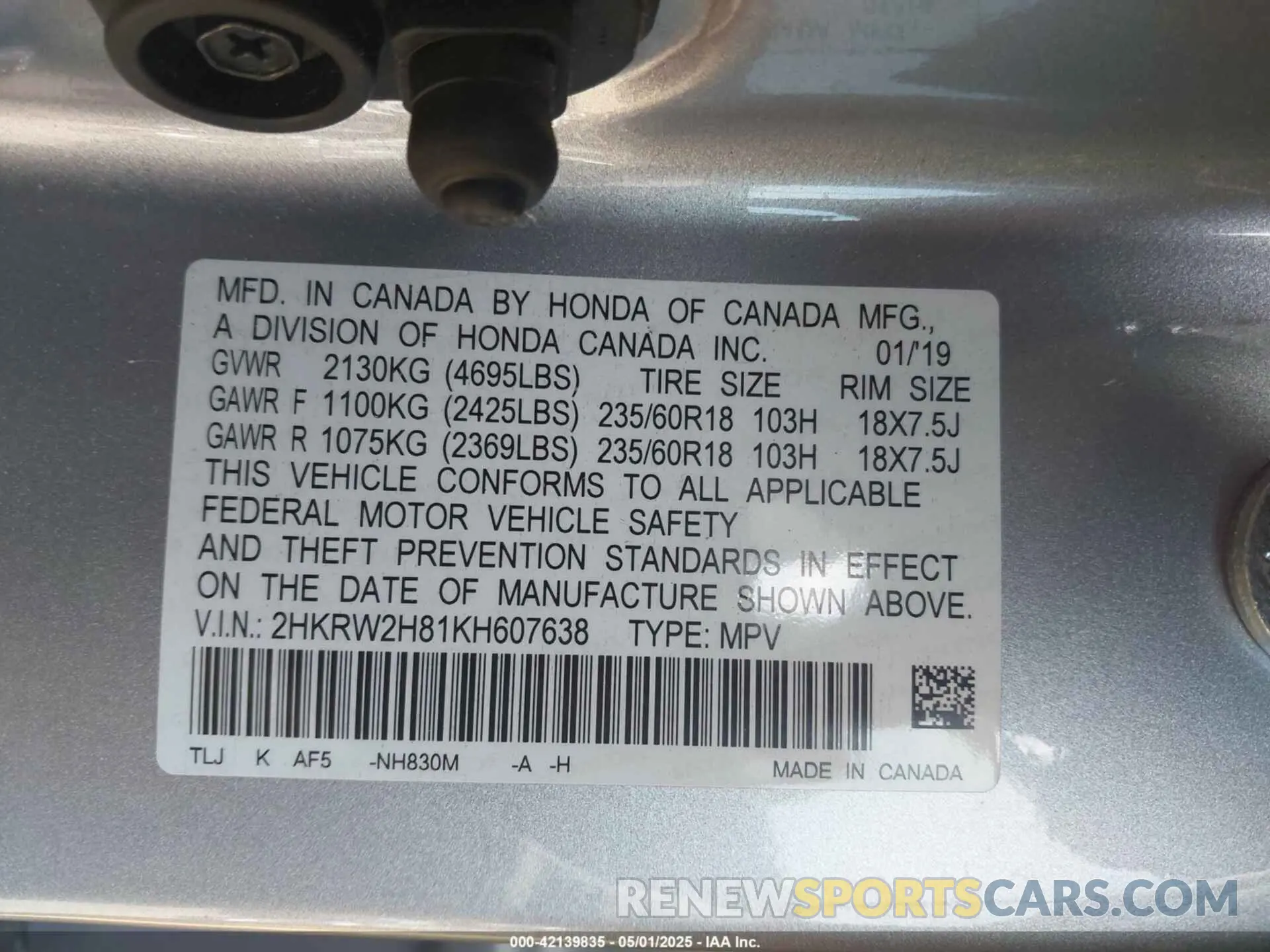 9 Фотография поврежденного автомобиля 2HKRW2H81KH607638 HONDA CR-V 2019