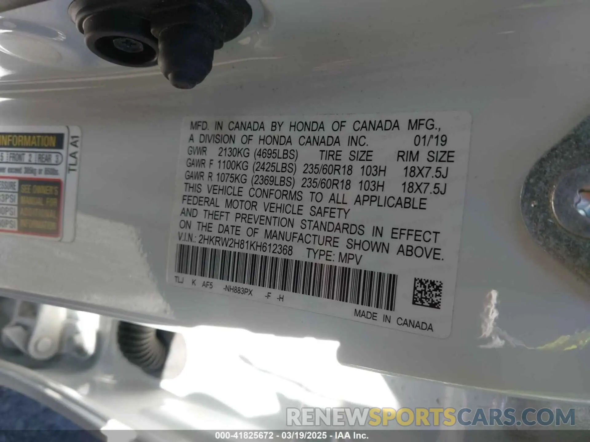 9 Фотография поврежденного автомобиля 2HKRW2H81KH612368 HONDA CR-V 2019