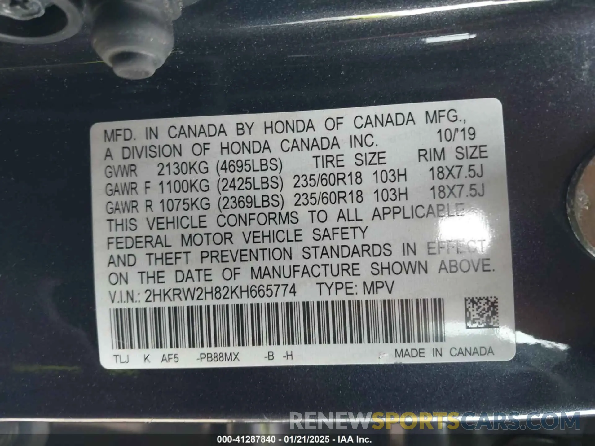 9 Photograph of a damaged car 2HKRW2H82KH665774 HONDA CR-V 2019