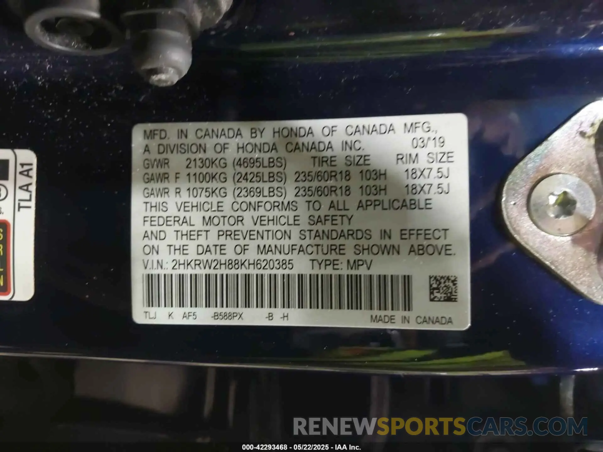 9 Фотография поврежденного автомобиля 2HKRW2H88KH620385 HONDA CR-V 2019