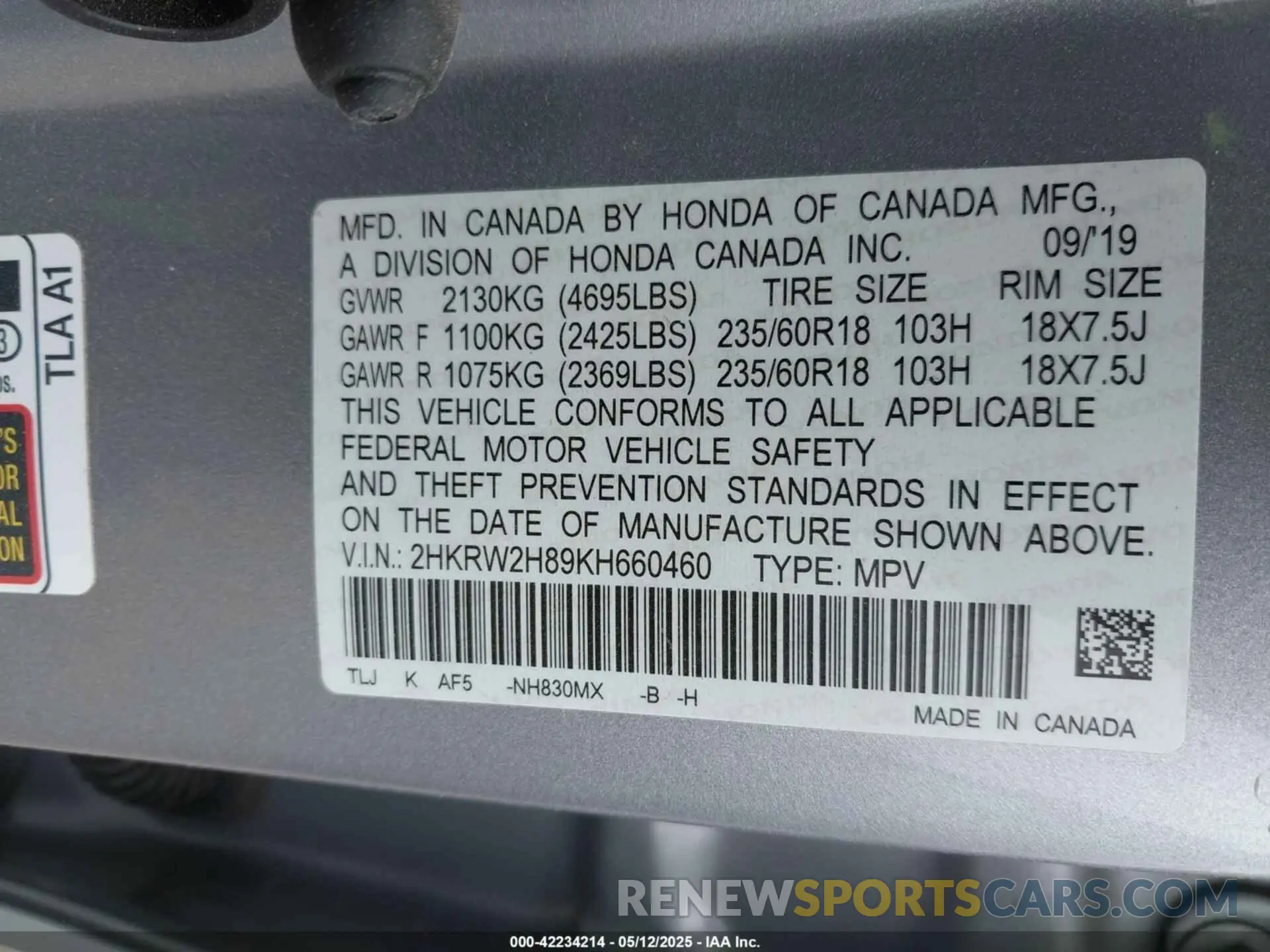 9 Photograph of a damaged car 2HKRW2H89KH660460 HONDA CR-V 2019