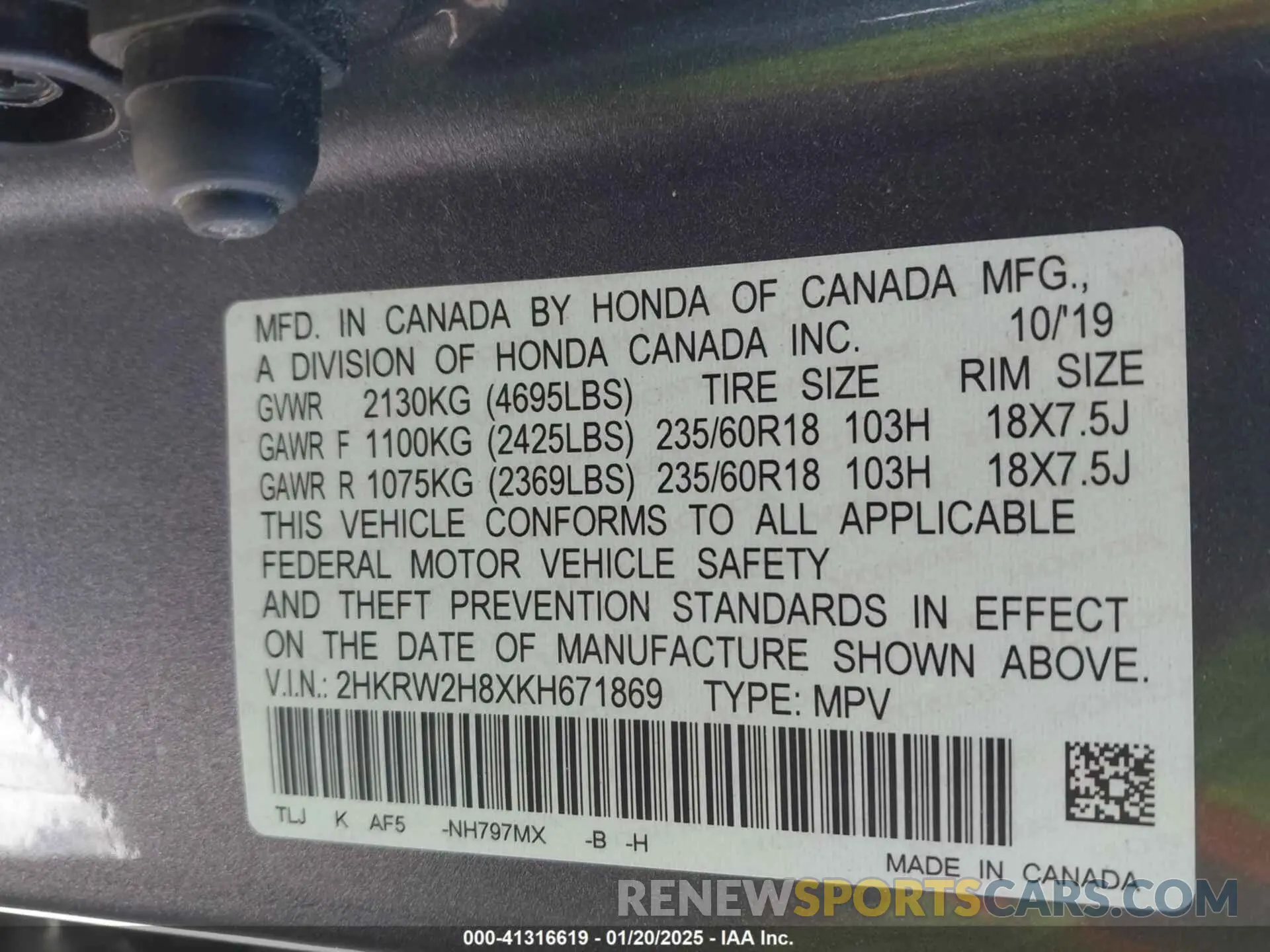 9 Фотография поврежденного автомобиля 2HKRW2H8XKH671869 HONDA CR-V 2019