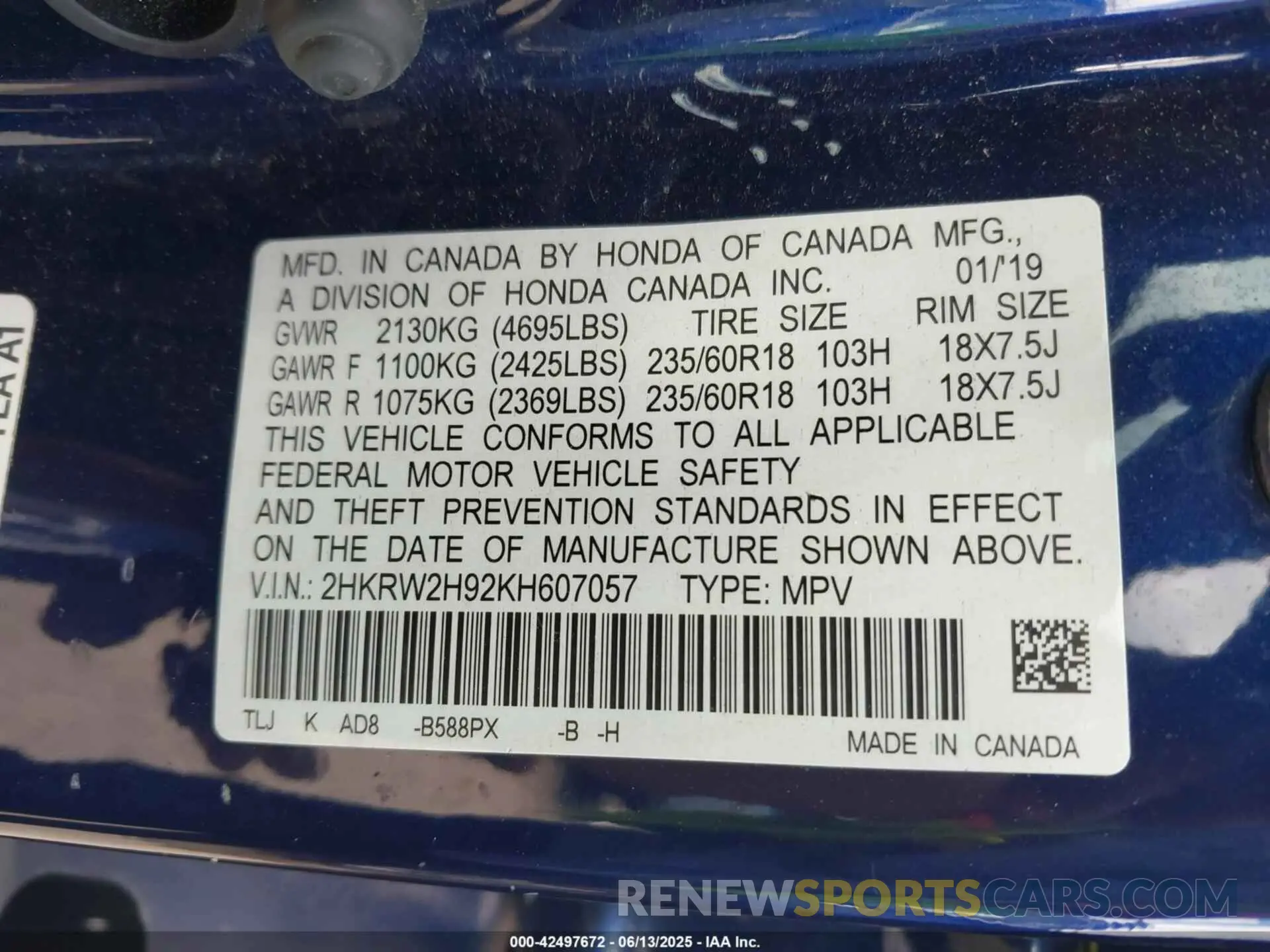 9 Photograph of a damaged car 2HKRW2H92KH607057 HONDA CR-V 2019