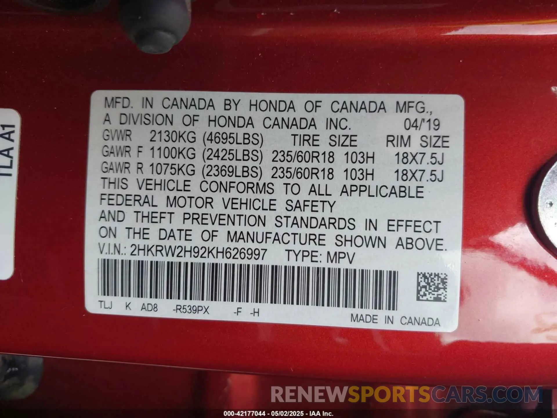 9 Фотография поврежденного автомобиля 2HKRW2H92KH626997 HONDA CR-V 2019