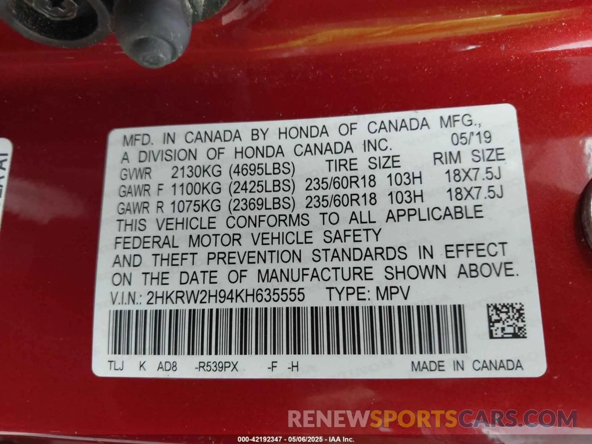 9 Photograph of a damaged car 2HKRW2H94KH635555 HONDA CR-V 2019