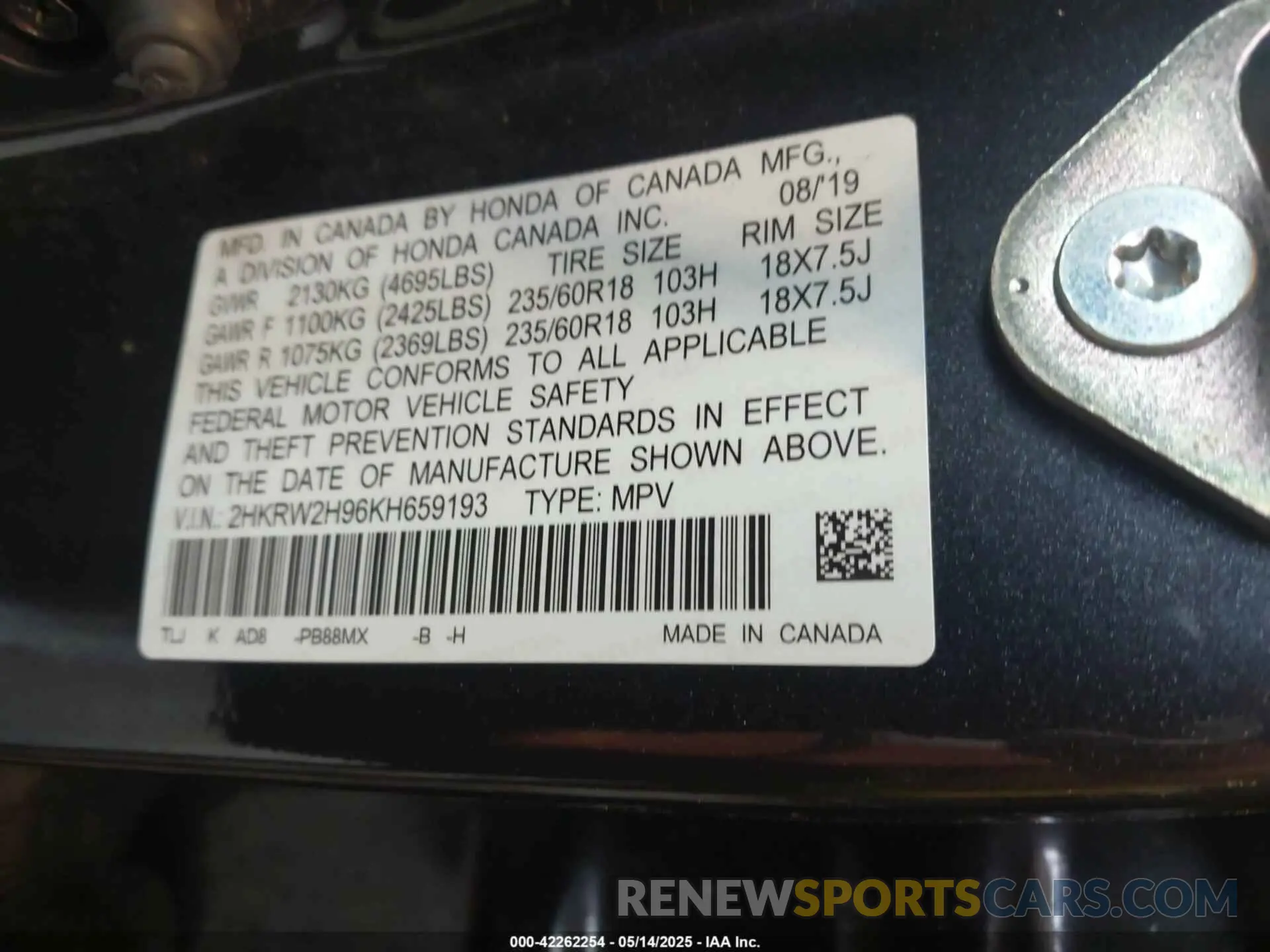 9 Photograph of a damaged car 2HKRW2H96KH659193 HONDA CR-V 2019