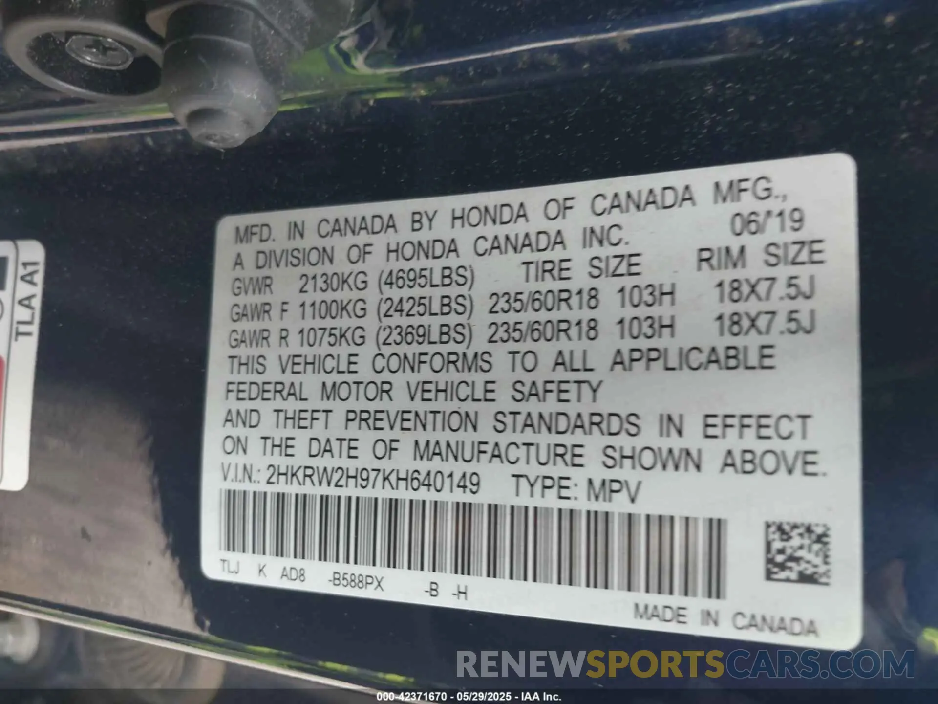 9 Photograph of a damaged car 2HKRW2H97KH640149 HONDA CR-V 2019