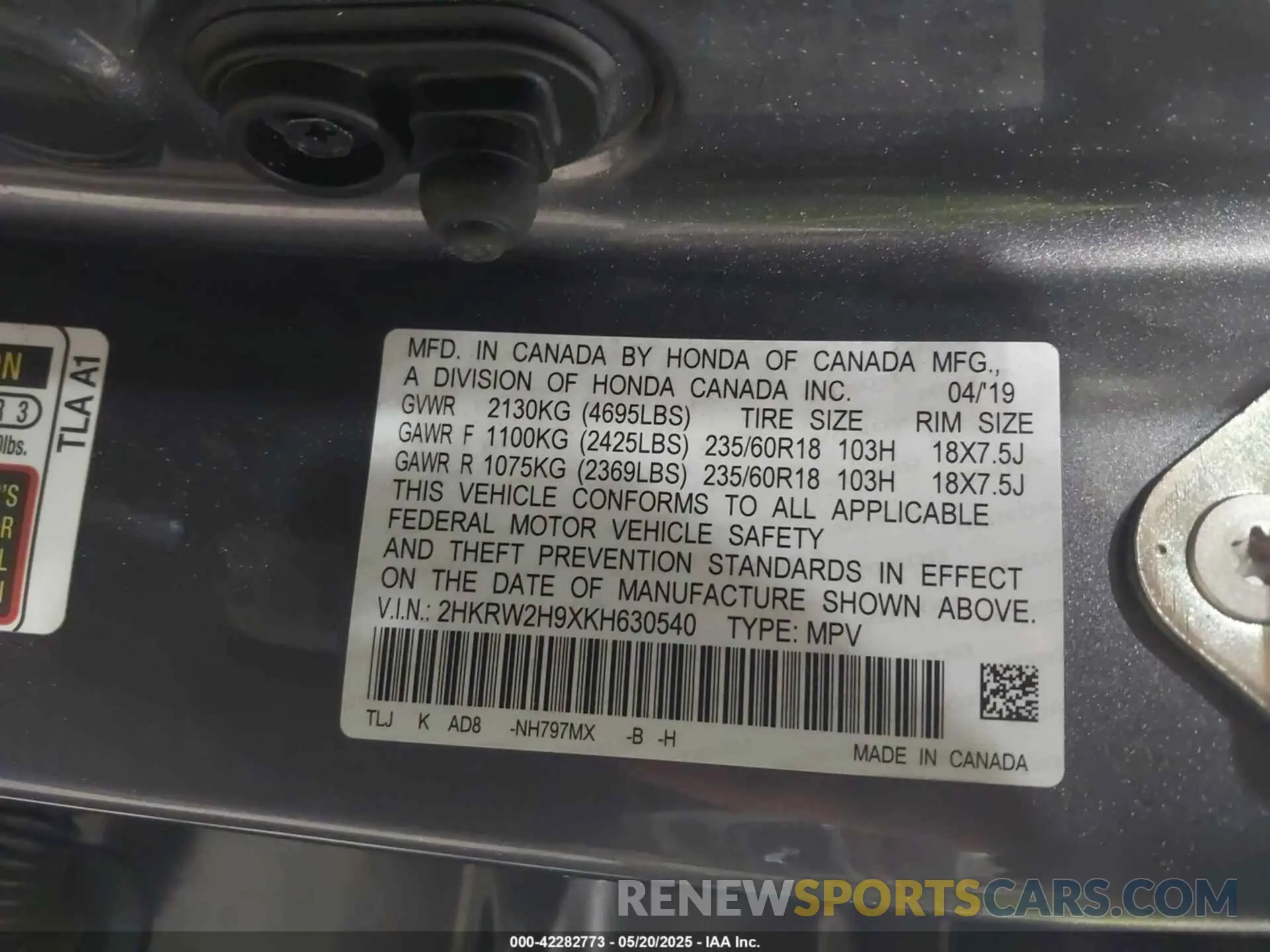 9 Фотография поврежденного автомобиля 2HKRW2H9XKH630540 HONDA CR-V 2019