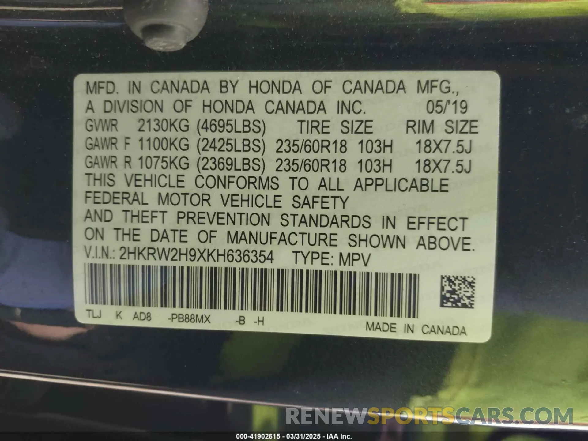 9 Фотография поврежденного автомобиля 2HKRW2H9XKH636354 HONDA CR-V 2019