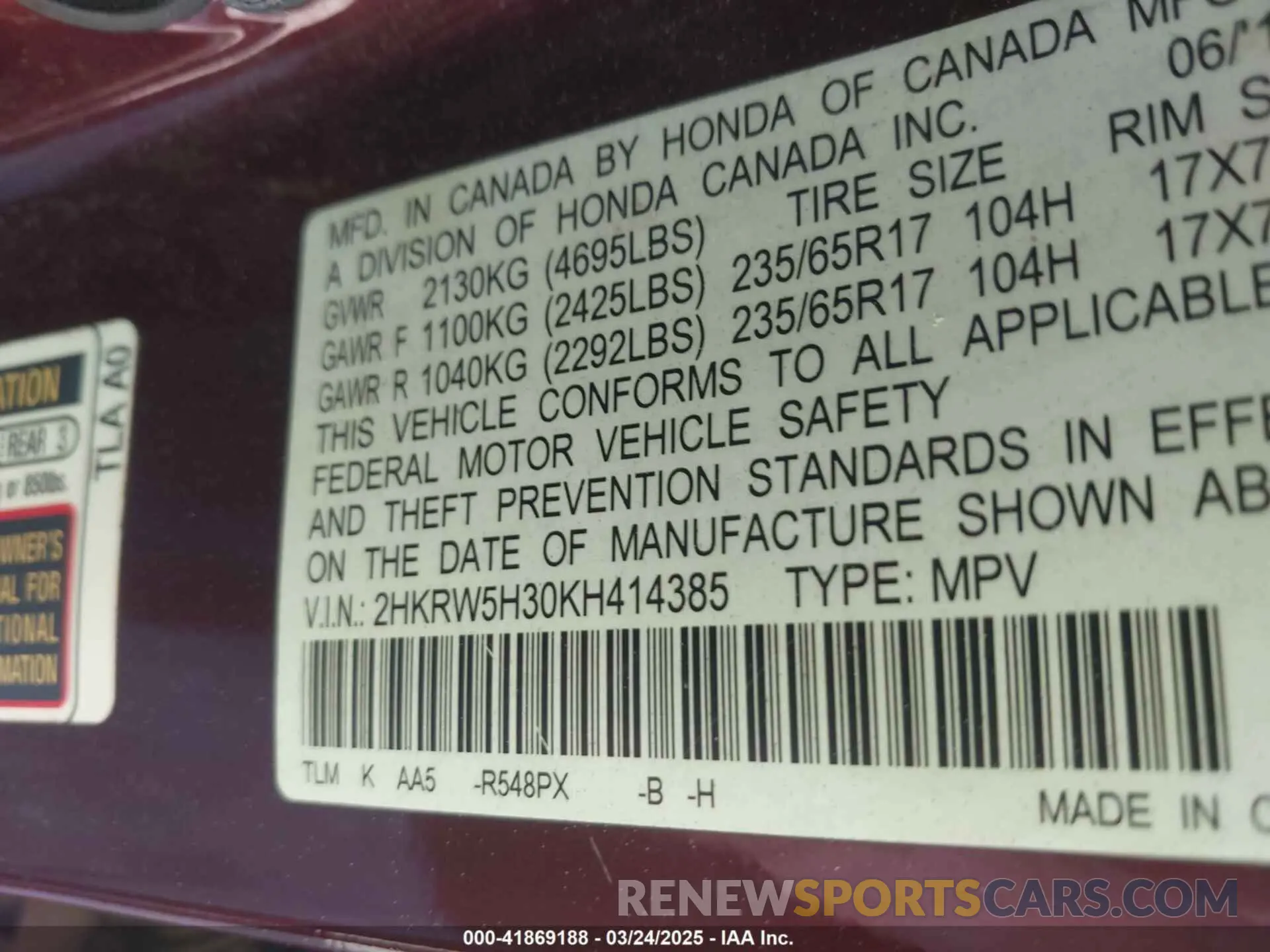 9 Фотография поврежденного автомобиля 2HKRW5H30KH414385 HONDA CR-V 2019
