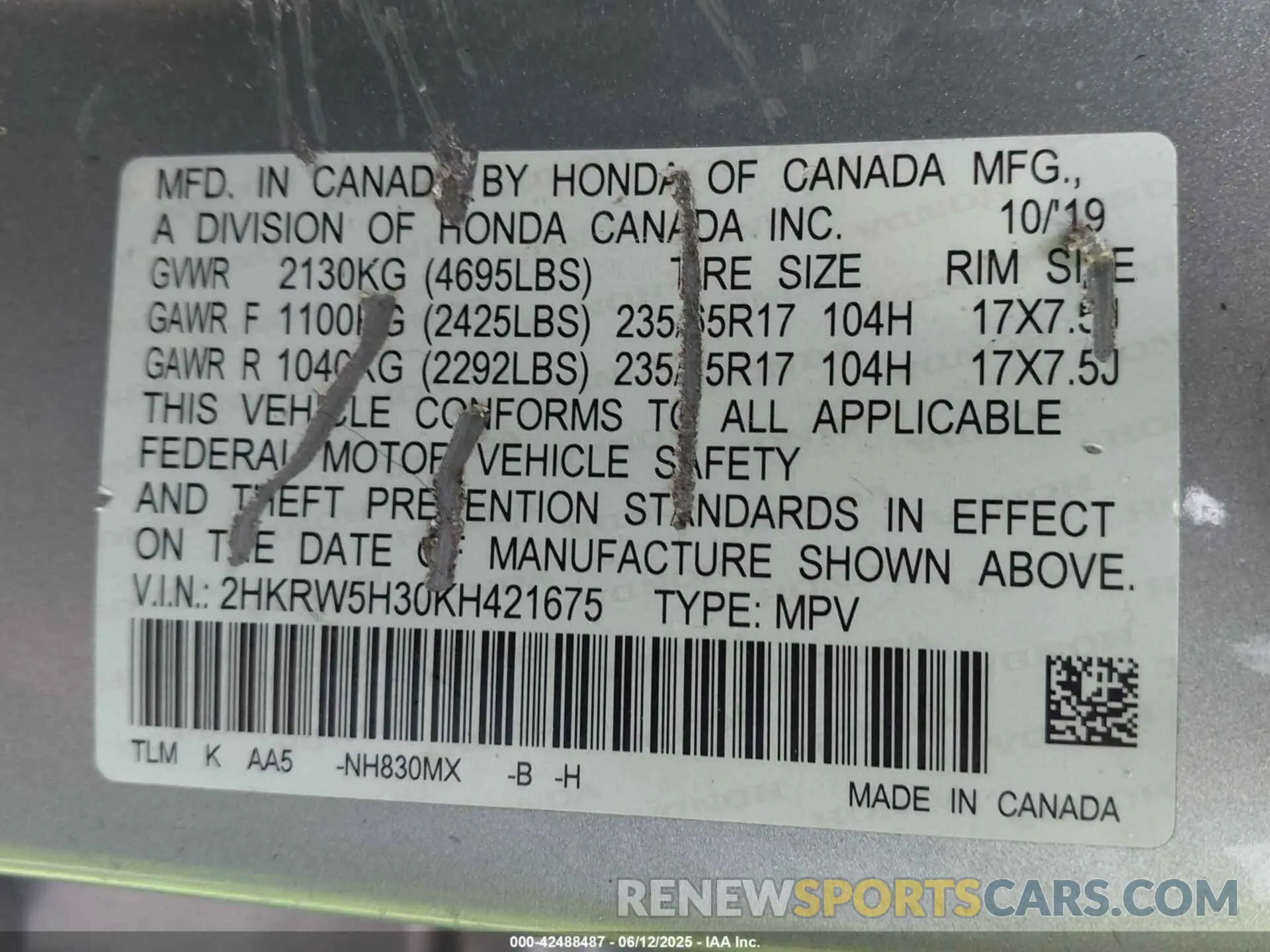 9 Photograph of a damaged car 2HKRW5H30KH421675 HONDA CR-V 2019