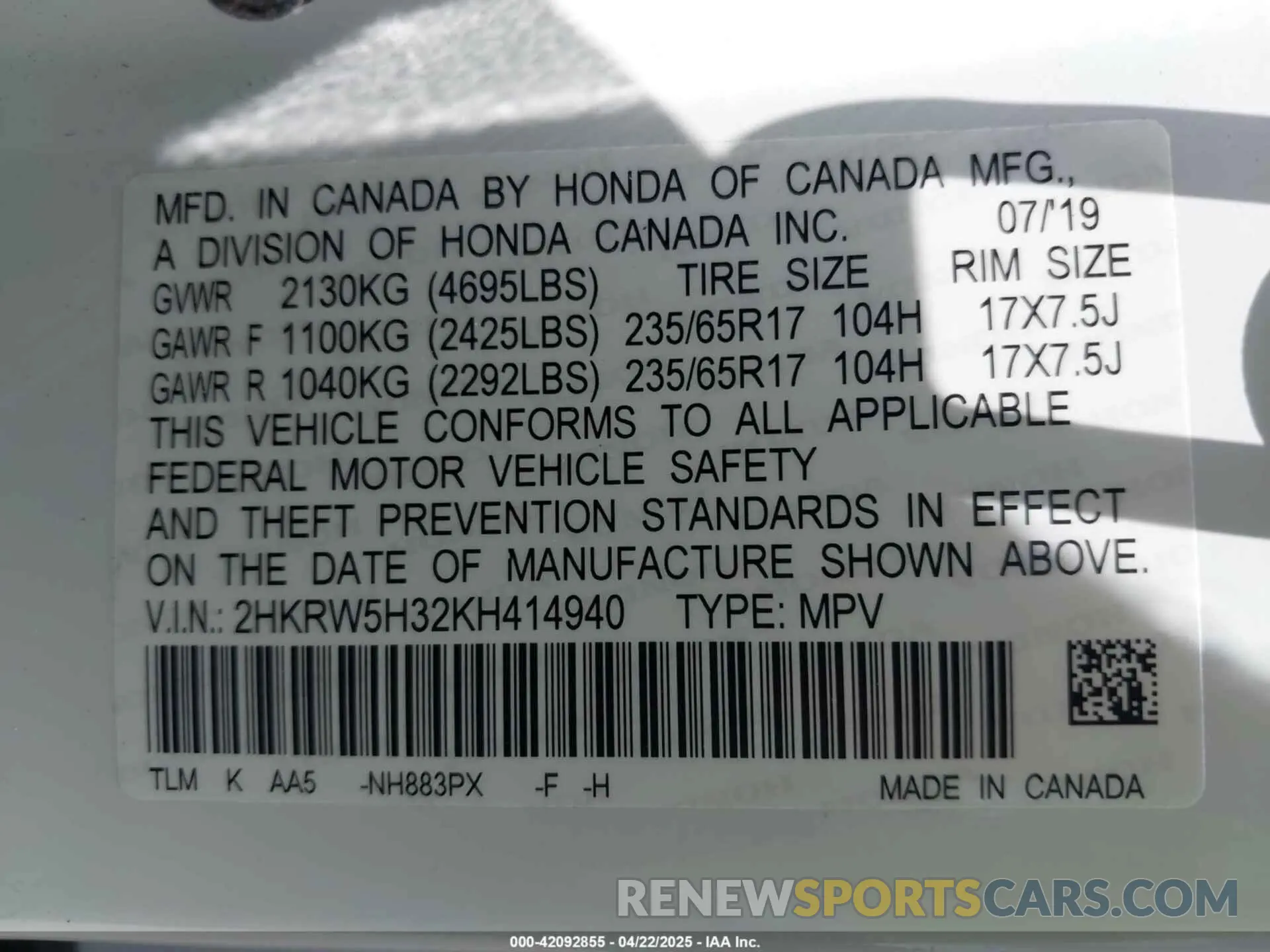 9 Фотография поврежденного автомобиля 2HKRW5H32KH414940 HONDA CR-V 2019