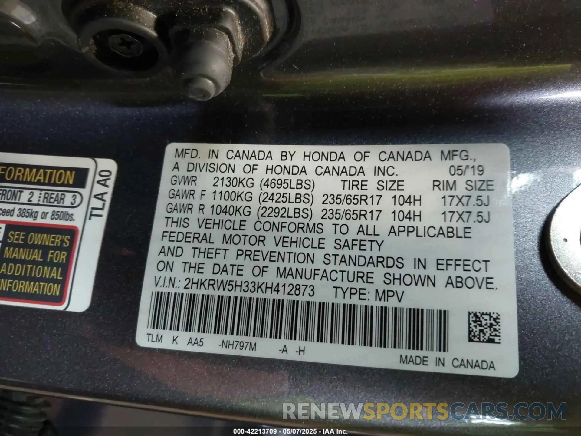 9 Фотография поврежденного автомобиля 2HKRW5H33KH412873 HONDA CR-V 2019