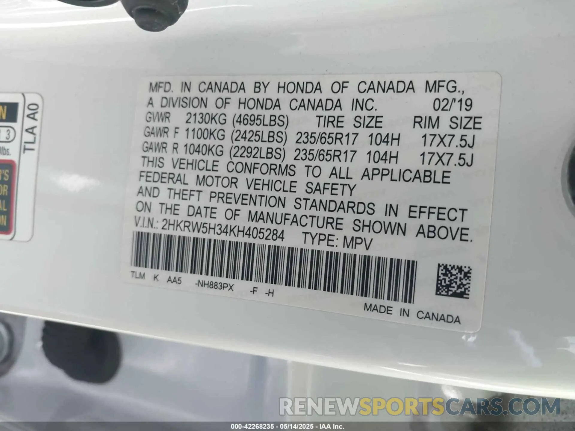 9 Фотография поврежденного автомобиля 2HKRW5H34KH405284 HONDA CR-V 2019