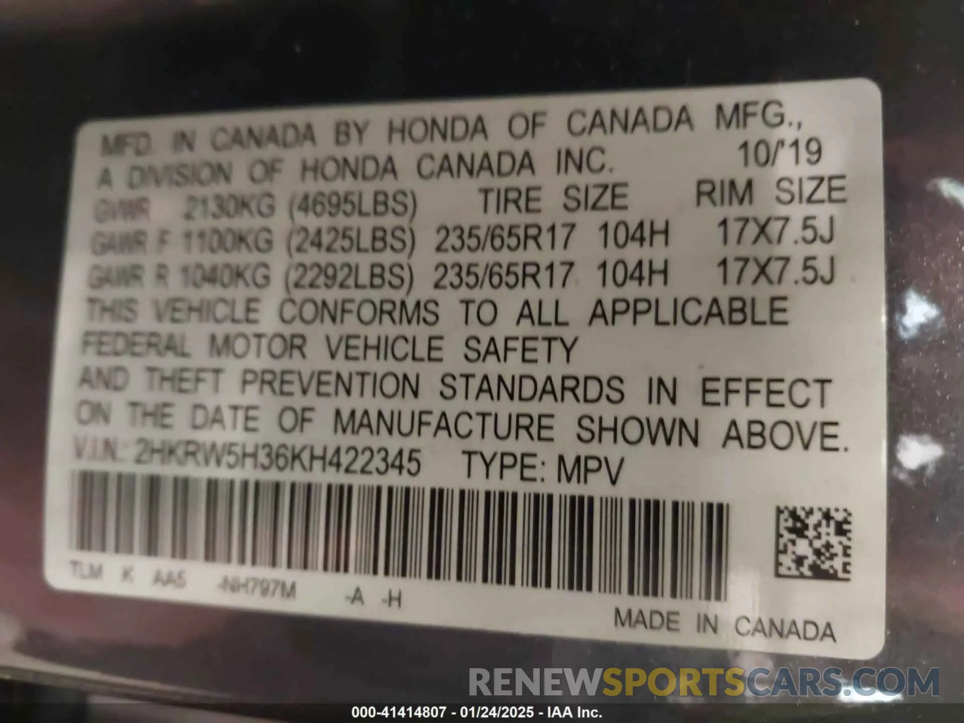 9 Фотография поврежденного автомобиля 2HKRW5H36KH422345 HONDA CR-V 2019