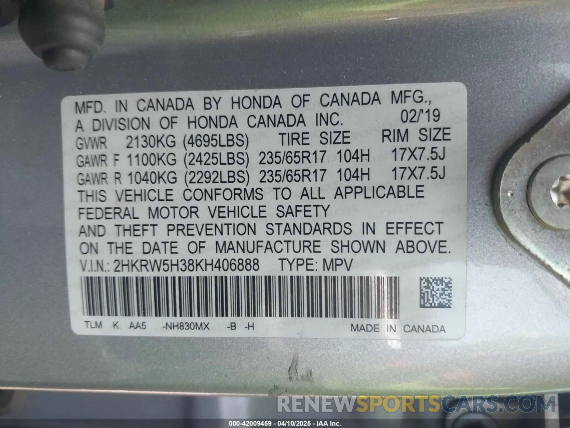 9 Photograph of a damaged car 2HKRW5H38KH406888 HONDA CR-V 2019